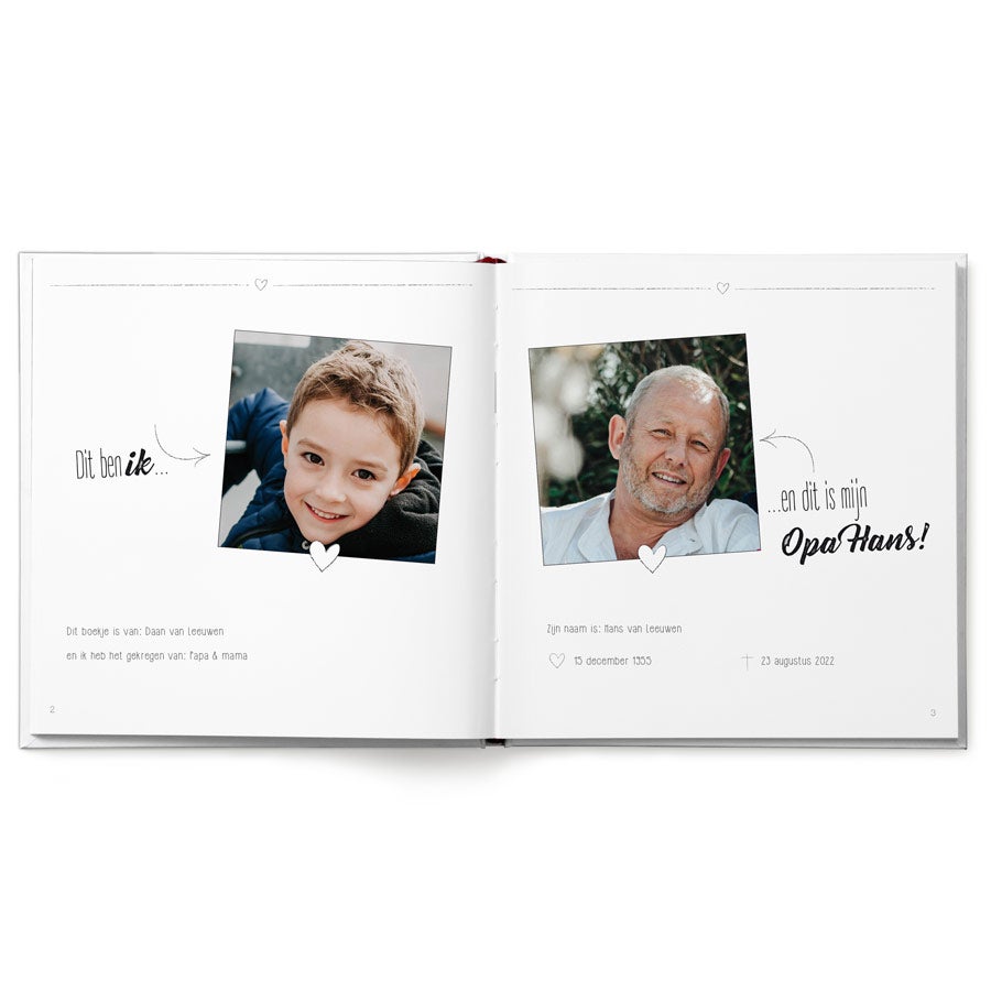 Boek "Lieve Opa, omdat ik je zo mis" met naam