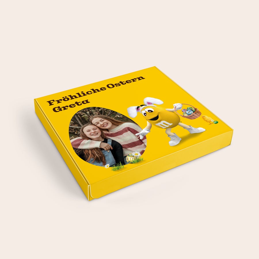 M&M's Geschenkbox personalisieren Personalisierte M&M´s Geschenkbox mit dem Namen Greta und einem Foto, bedruckt mit Ostergrüßen und M&M´s Figur
