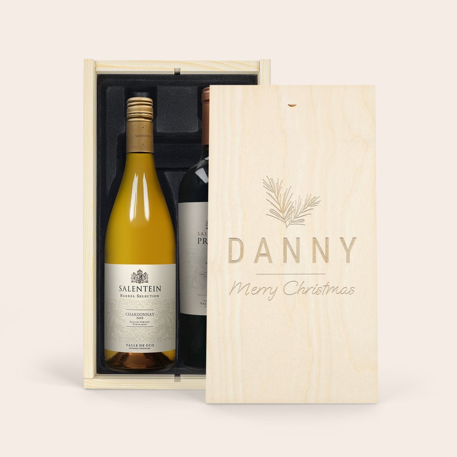 Personalised Wine Gift - Salentein Pinot Noir & Chardonnay Salentein wine set in an engraved wooden wine case with "Danny" and "Merry Christmas"