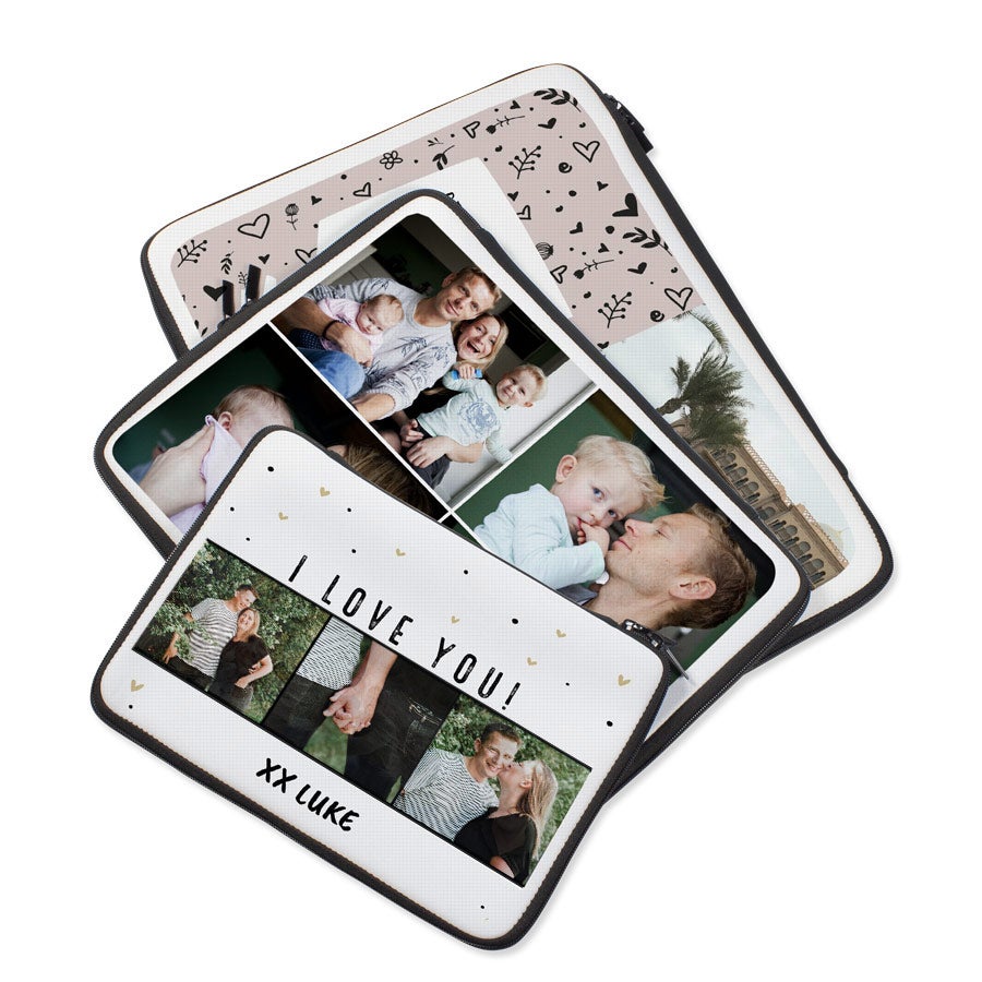 Husă personalizată pentru laptop, imprimată cu colaje foto de familie, mesaje "I LOVE YOU!" și "XX LUKE", un cadou personalizat cu fotografie.