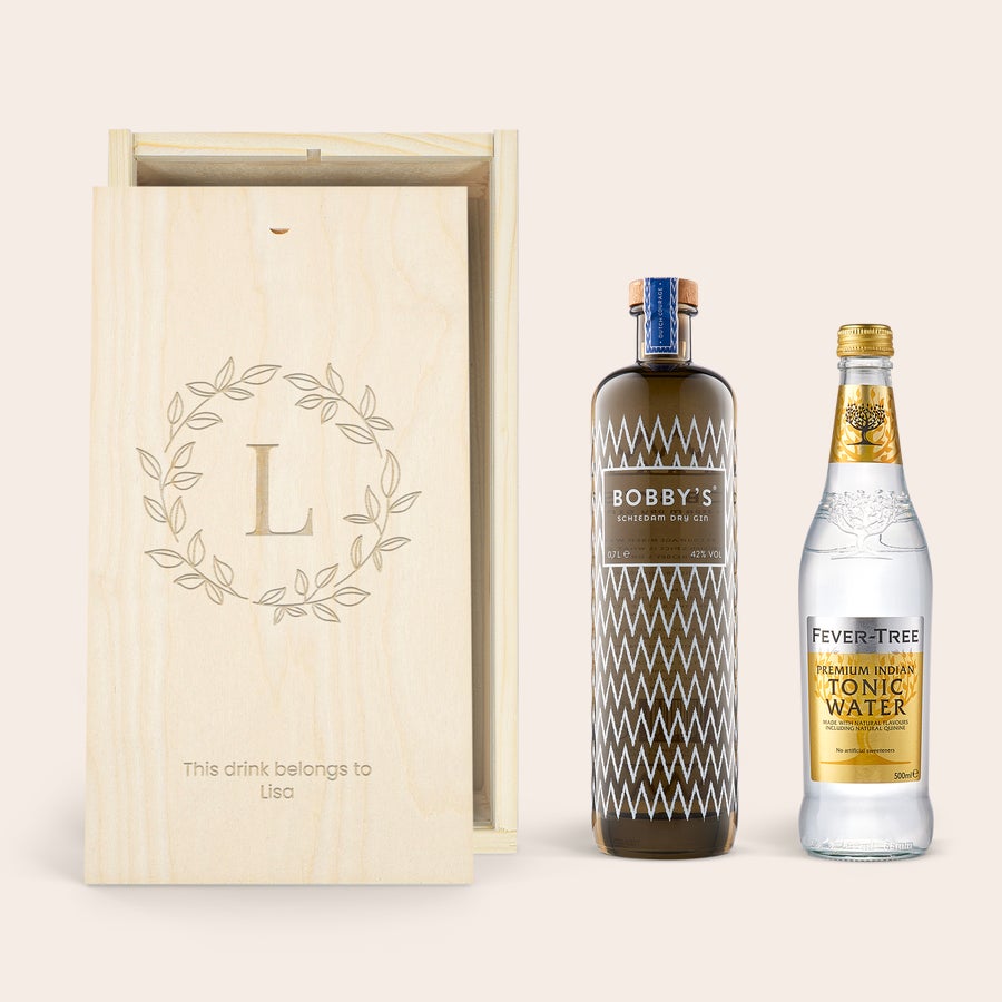 Personalised Gin & Tonic Gift Set - Bobby's Gin Gin & tonic gift set in an engraved wooden case with a personalized initial and name