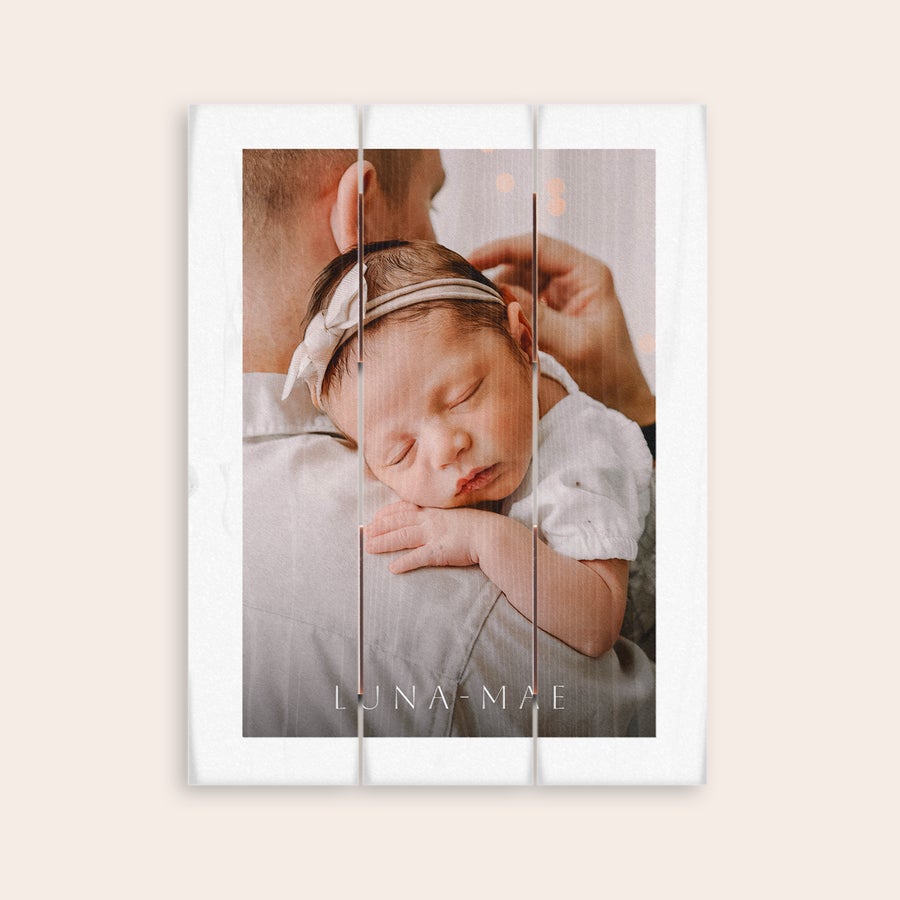 Photo on wood Personalized photo printed onto wooden planks featuring a sleeping baby with the name LUNA-MAE below.