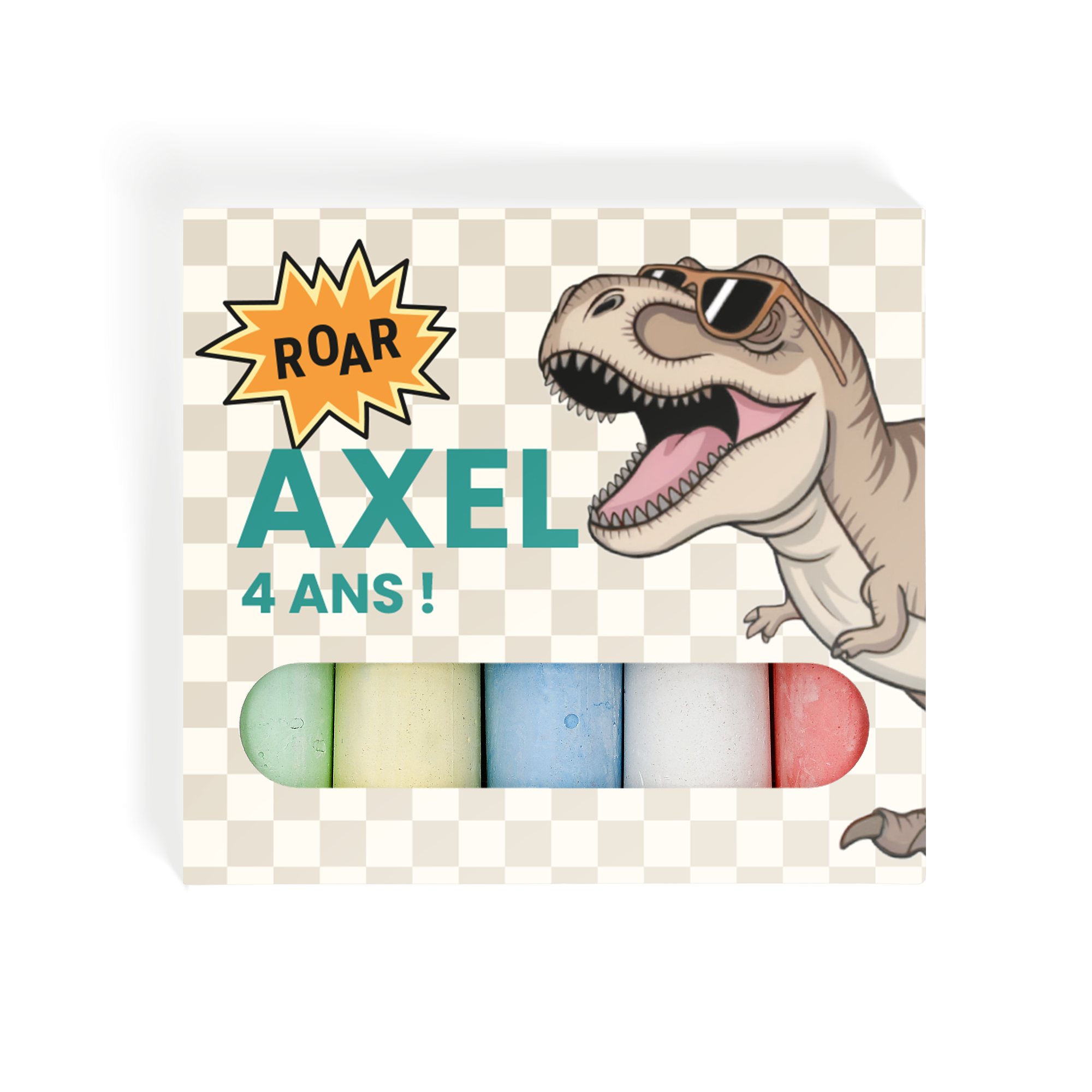 Boîte de craies personnalisée avec dessin de dinosaure et texte Axel 4 ans, un cadeau original