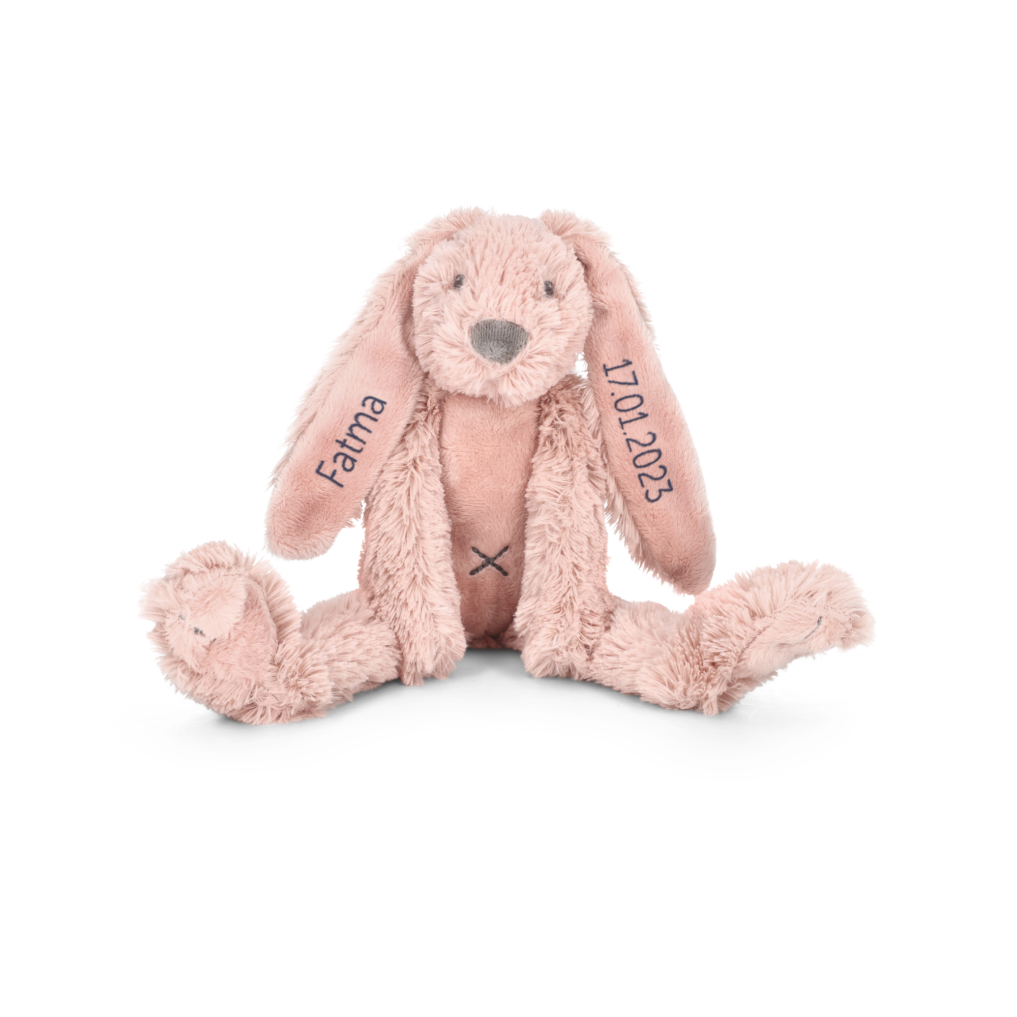 Peluche lapin rose personnalisée brodée Fatma et la date 17.01.2023 sur les oreilles