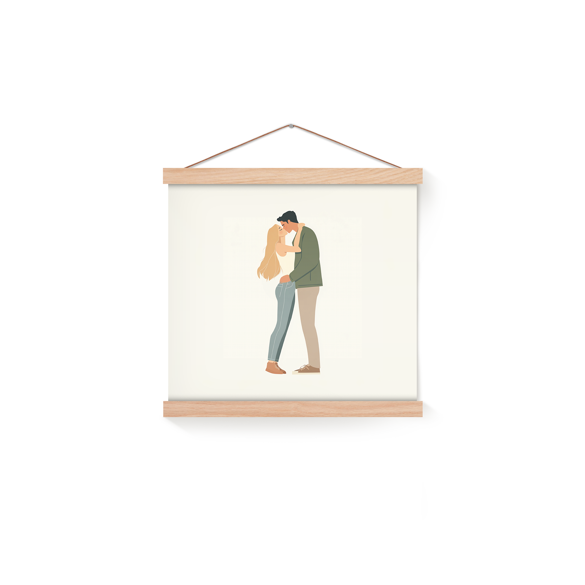 Personalized magnetic poster hanger with a printed photo illustration of a couple embracing