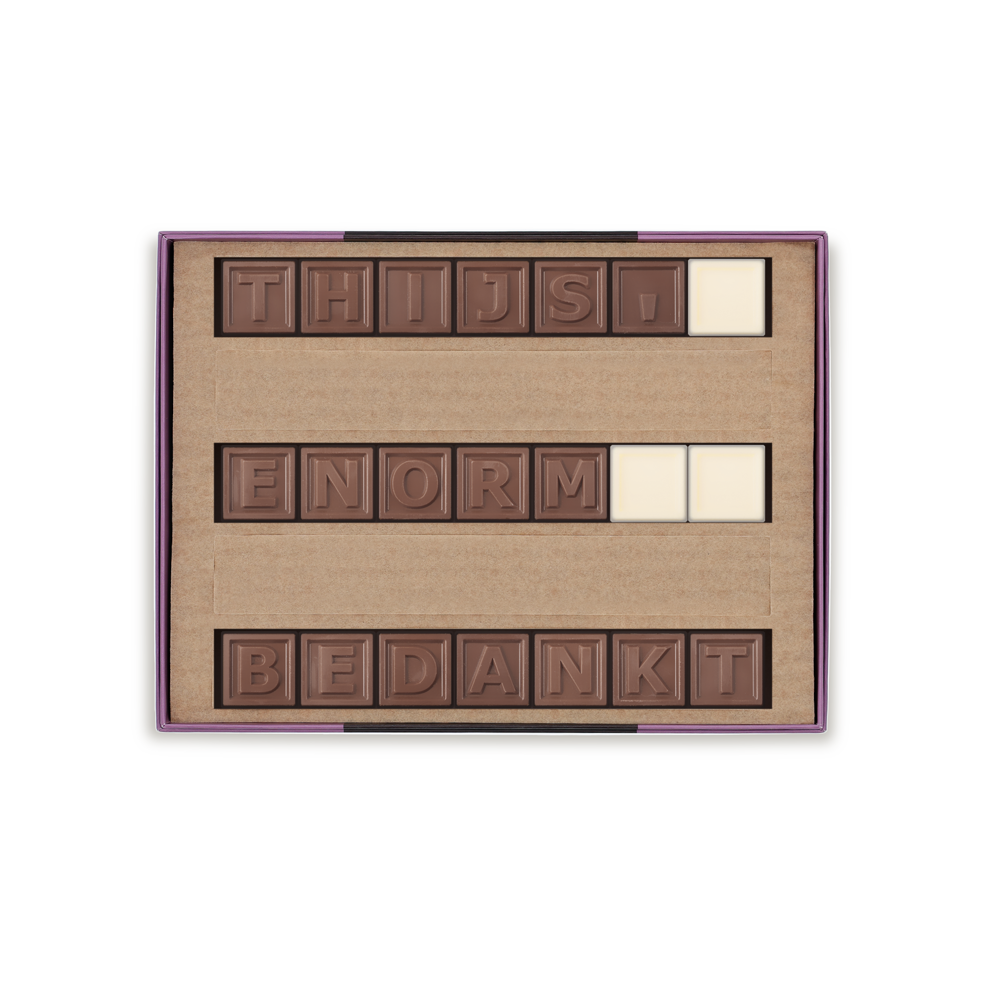 Chocotelegram met de gepersonaliseerde tekst 'THIJS ENORM BEDANKT' in melkchocolade met witte chocolade spaties. Heerlijk smullen van een persoonlijk chocotelegram met jouw boodschap, geleverd in een paars doosje.