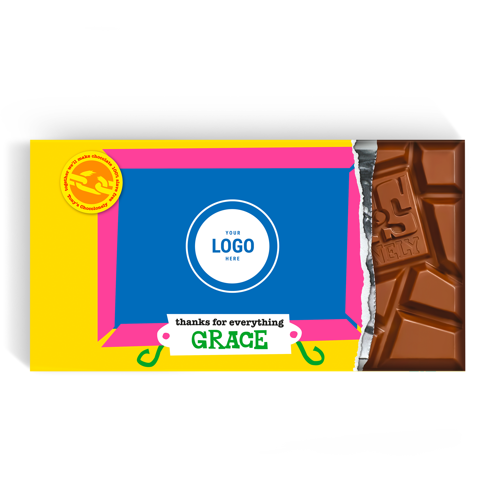 Személyre szabott XL Tony's Chocolonely csokoládé Your Logo Here felirattal és Grace névvel, fényképpel nyomtatva.