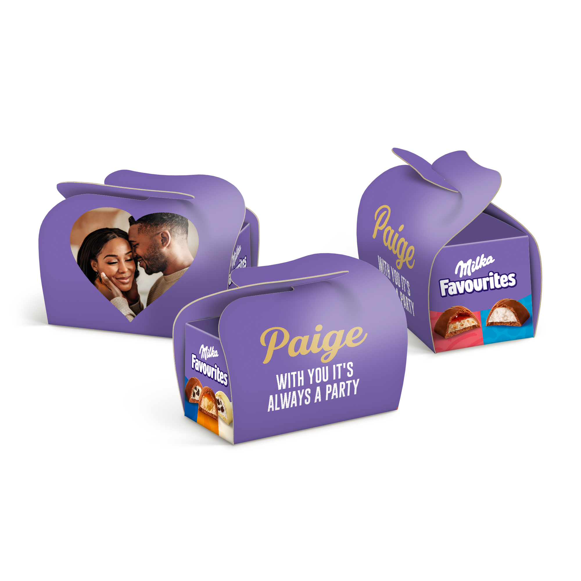 Personalizované fialové bonboniéry Milka Favorites s vlastnou potlačou mena Paige a fotkou páru.