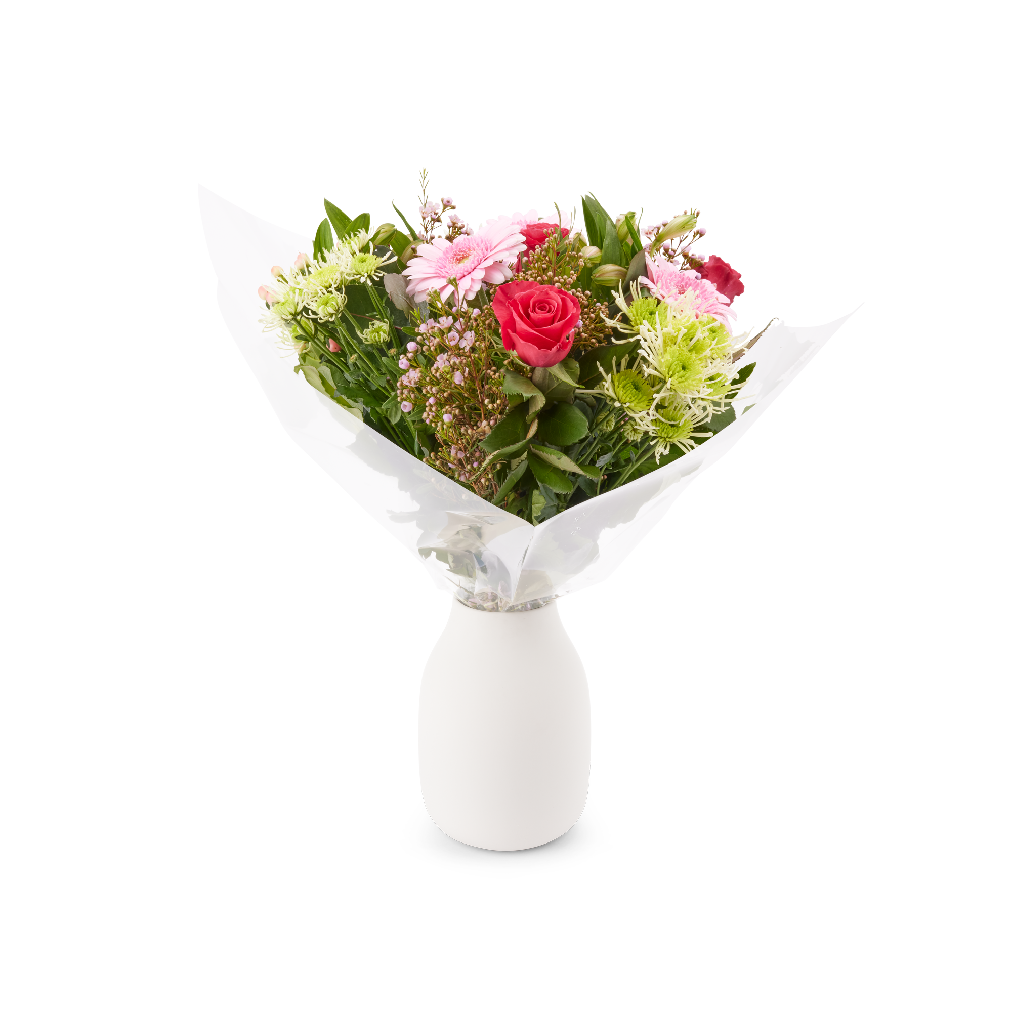 Boeket met roze bloemen, rode rozen en frisgroene bloemen in wit inpakpapier, te bezorgen met een persoonlijk cadeaukaartje.