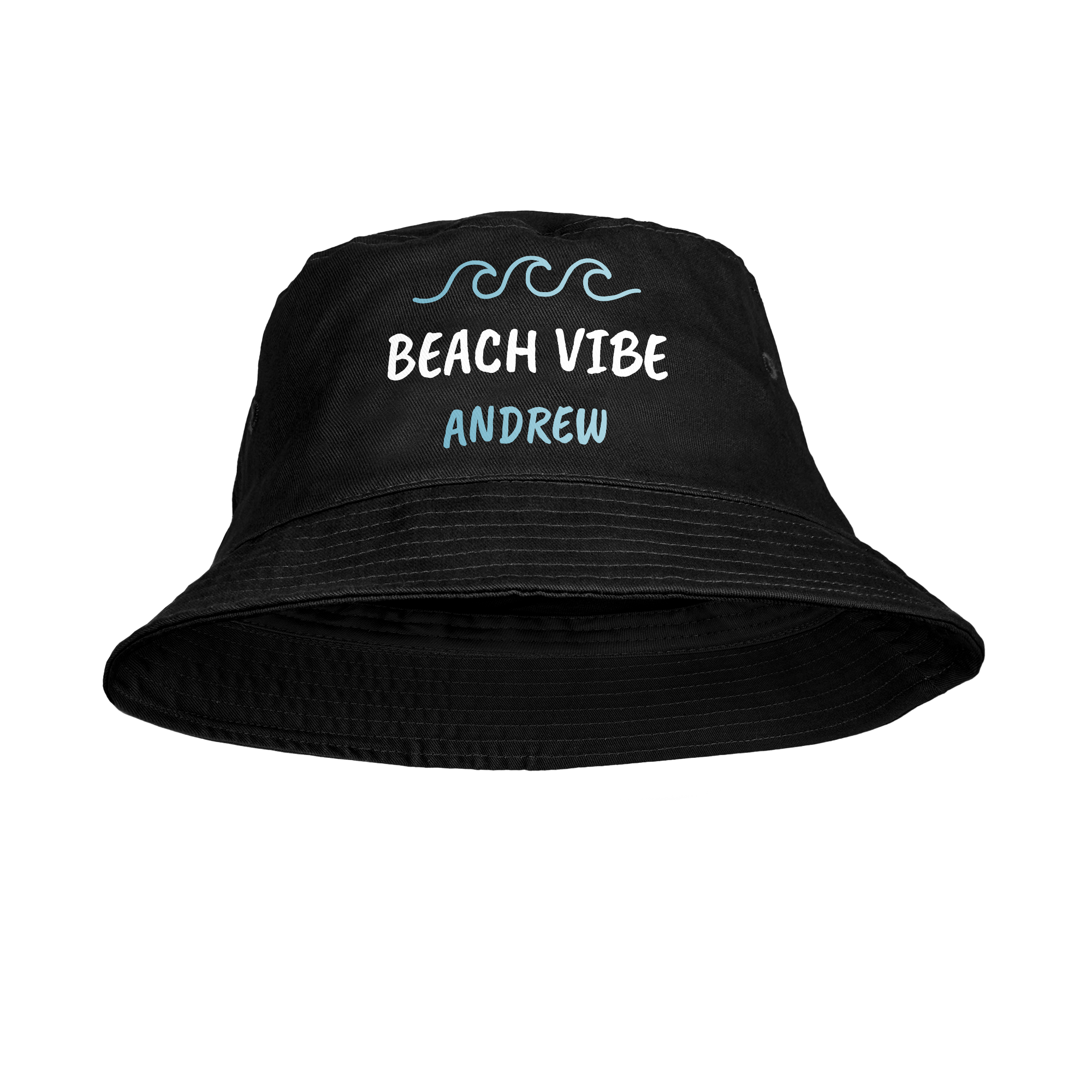 Gorro pescador negro con diseño de olas, texto "BEACH VIBE" y nombre "ANDREW" impreso.