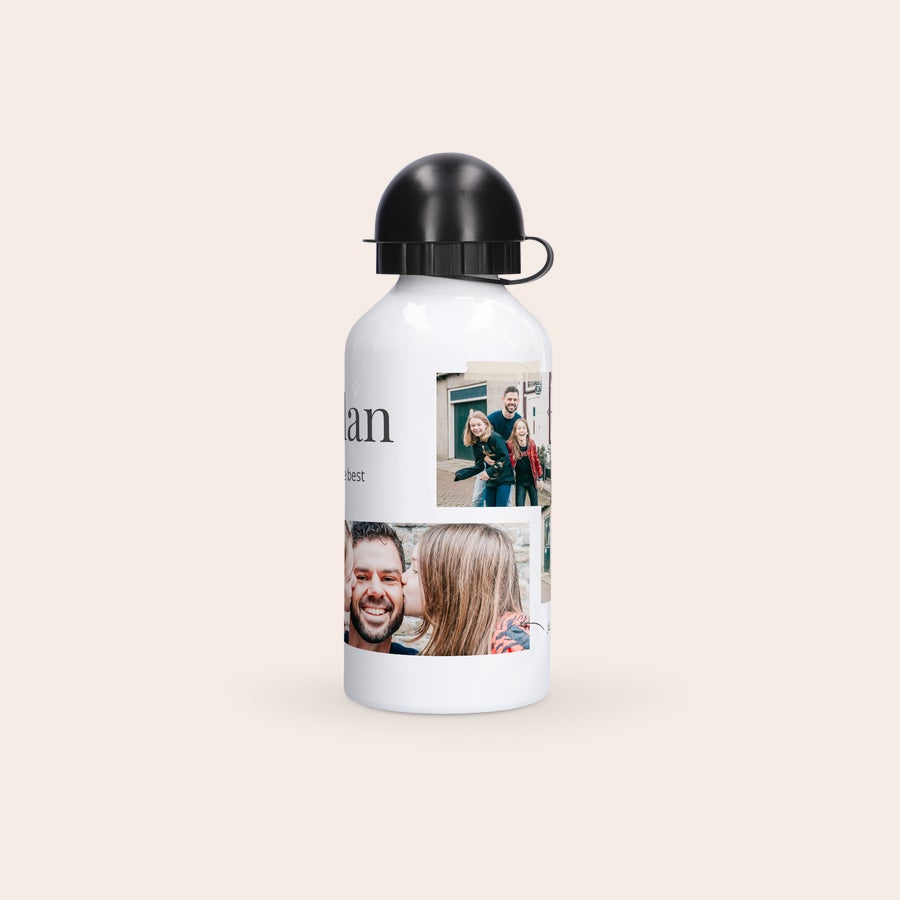 Water bottle White aluminum water bottle canteen printed with multiple personalized photos and the text "An" and "best"