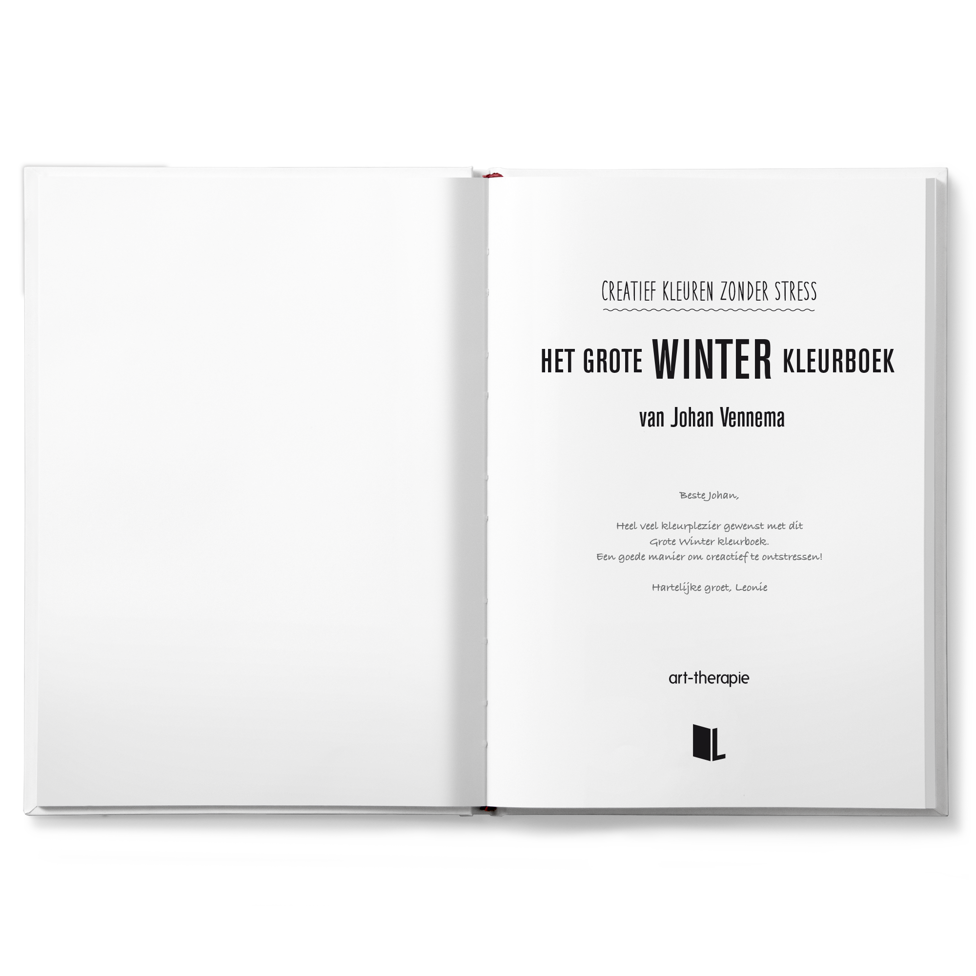 Kleurboek voor volwassenen Het grote winter, bedrukt met de naam Johan Vennema en persoonlijke boodschap