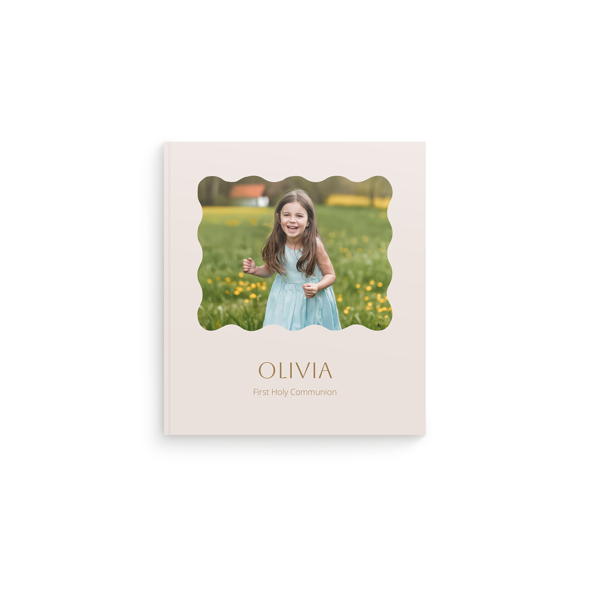 Personalizované puzzle - 1000 dílků s fotografií usmívající se dívky v modrých šatech, s nápisem "Olivia First Holy Communion".