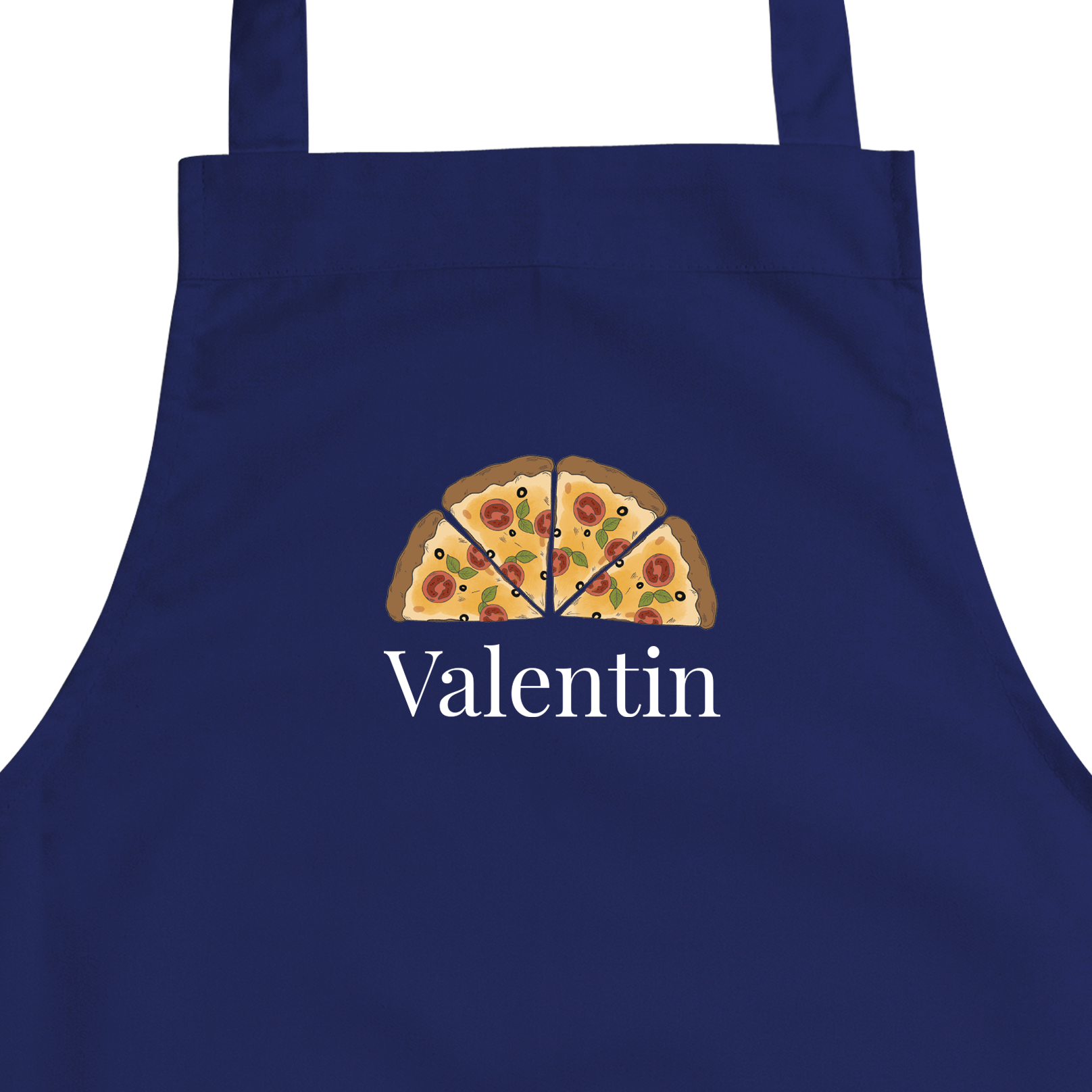 Dunkelblaue Kinderschürze mit Pizza-Design und Namen Valentin bedruckt.