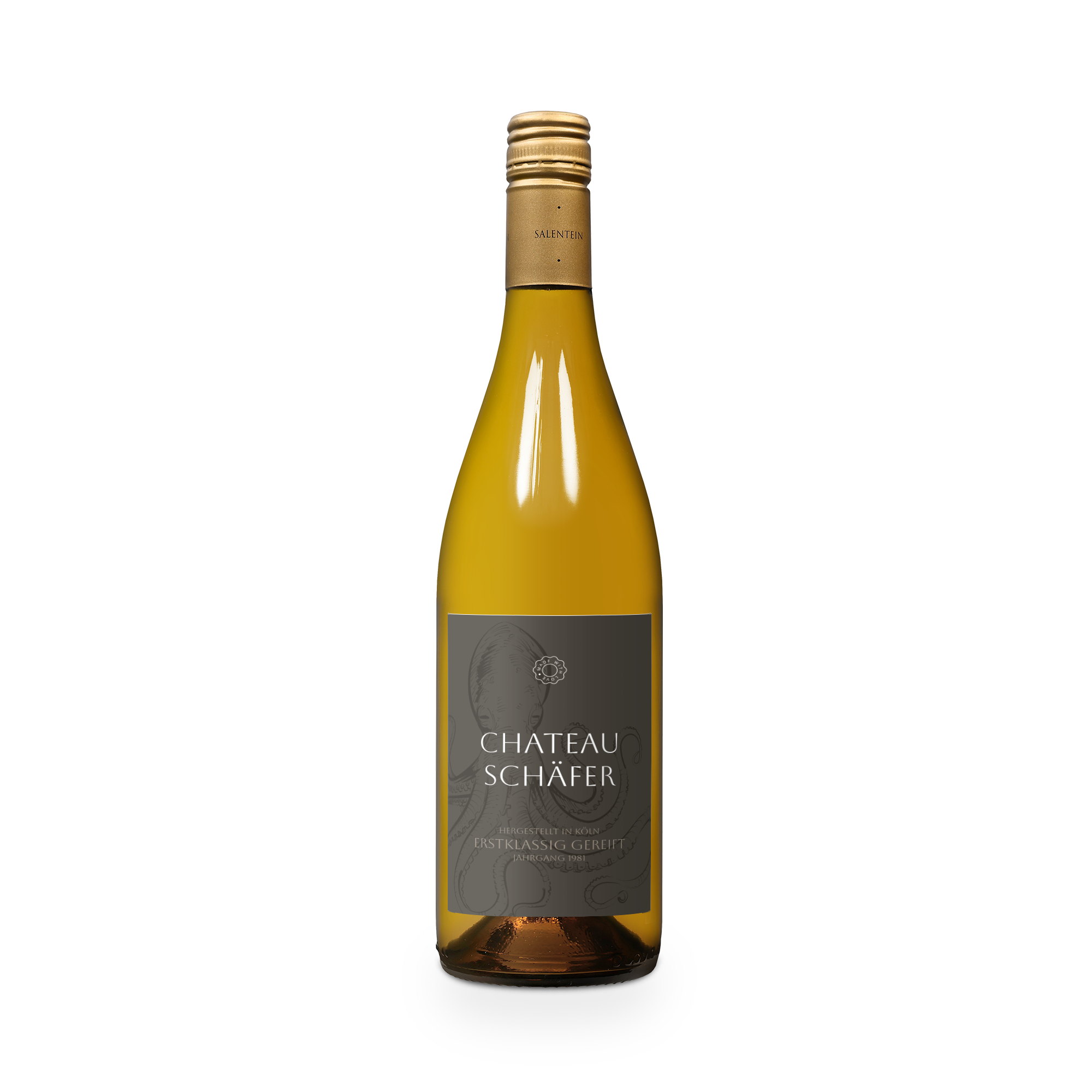 Weinflasche Salentein Chardonnay mit goldener Kapsel und eigenem Etikett bedruckt mit dem Text Chateau Schäfer