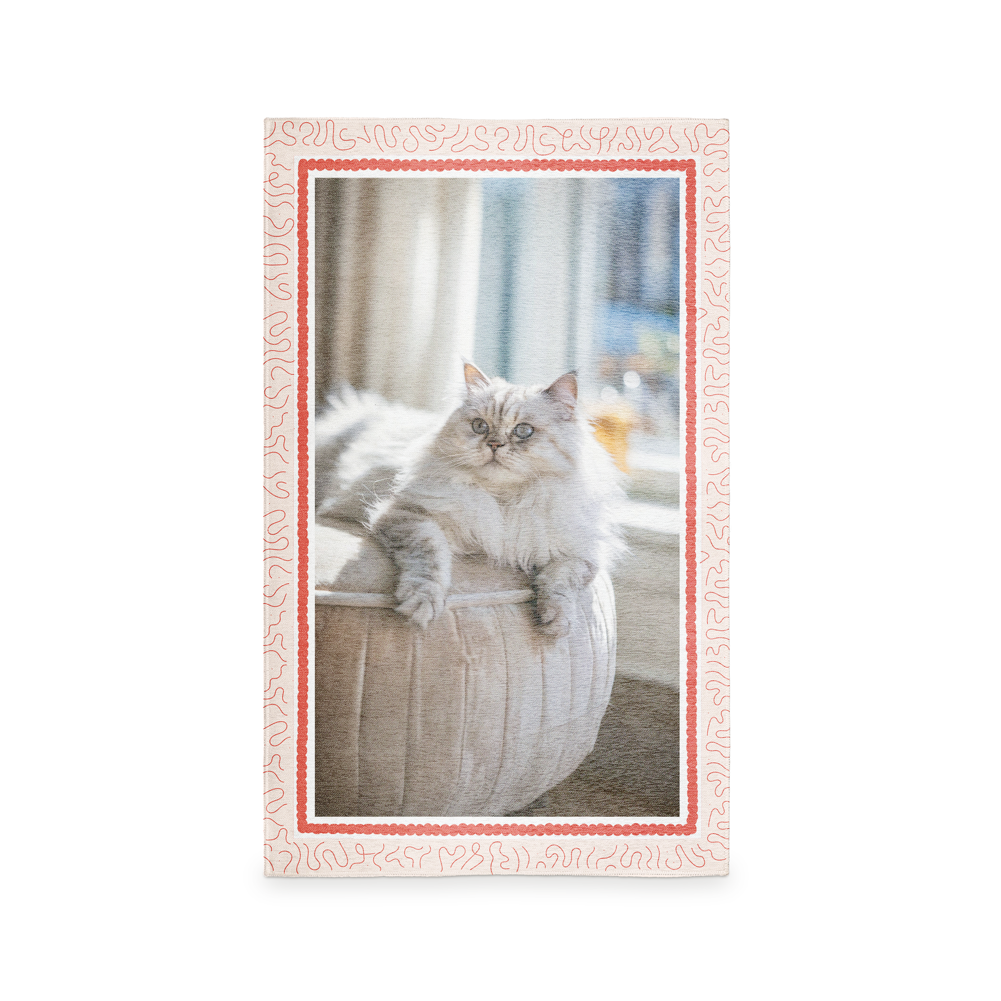 Tappeto personalizzato con foto di gatto bianco in vaso, bordo rosso ondulato, trasforma il tuo ricordo preferito in un elemento decorativo accogliente sul pavimento