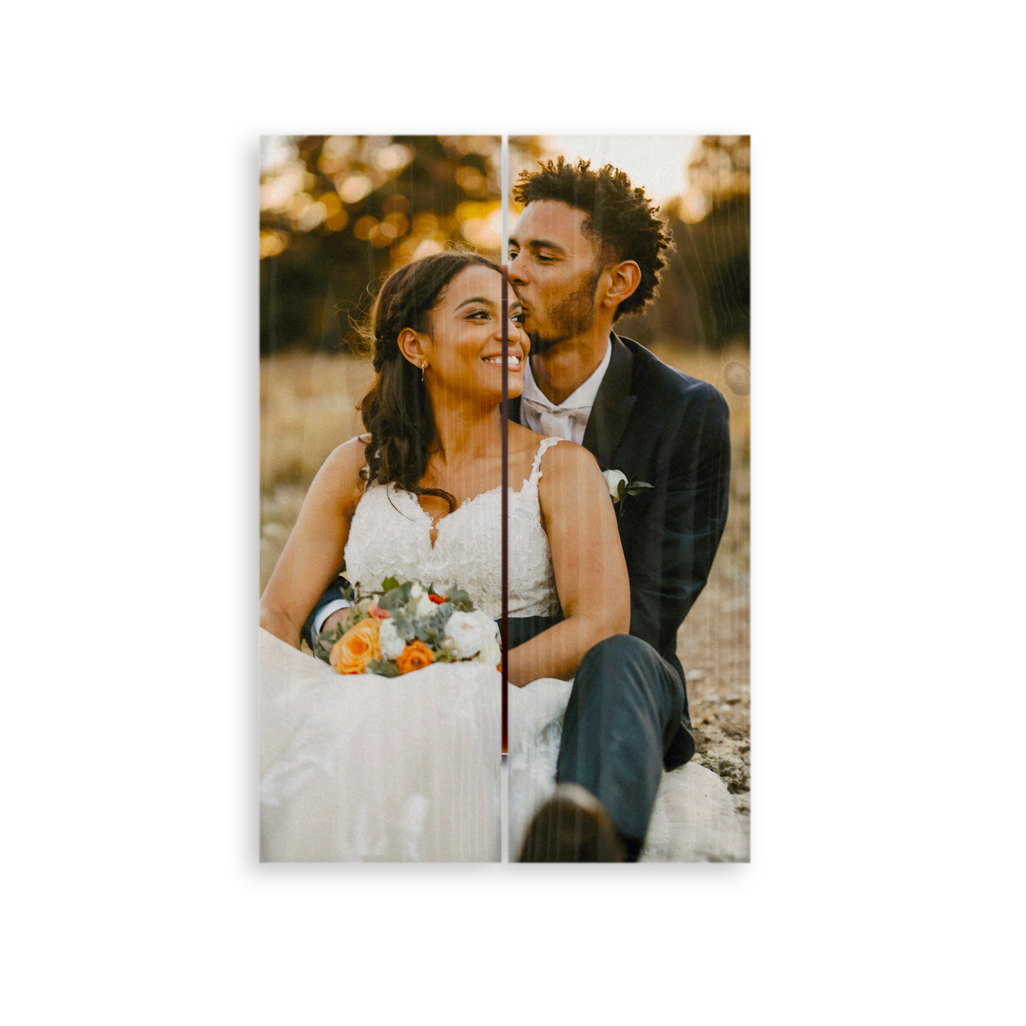 Custom photo printed on wooden planks, showing a couple in wedding attire.