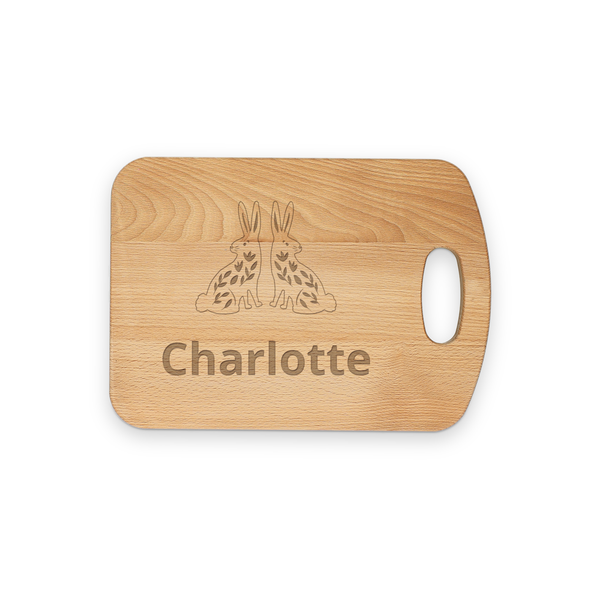 Planche à pain en bois gravée avec le nom Charlotte et un motif de deux lapins pour un cadeau unique