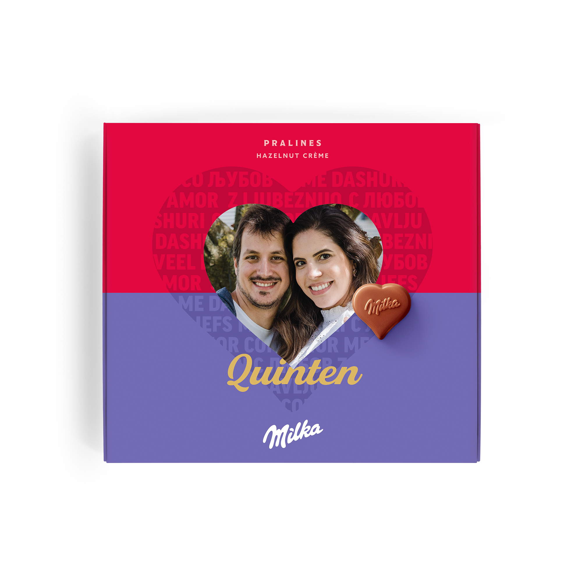 Milka chocolade giftbox met foto van een stel, gepersonaliseerd met de naam Quinten en een Milka chocolaatje.