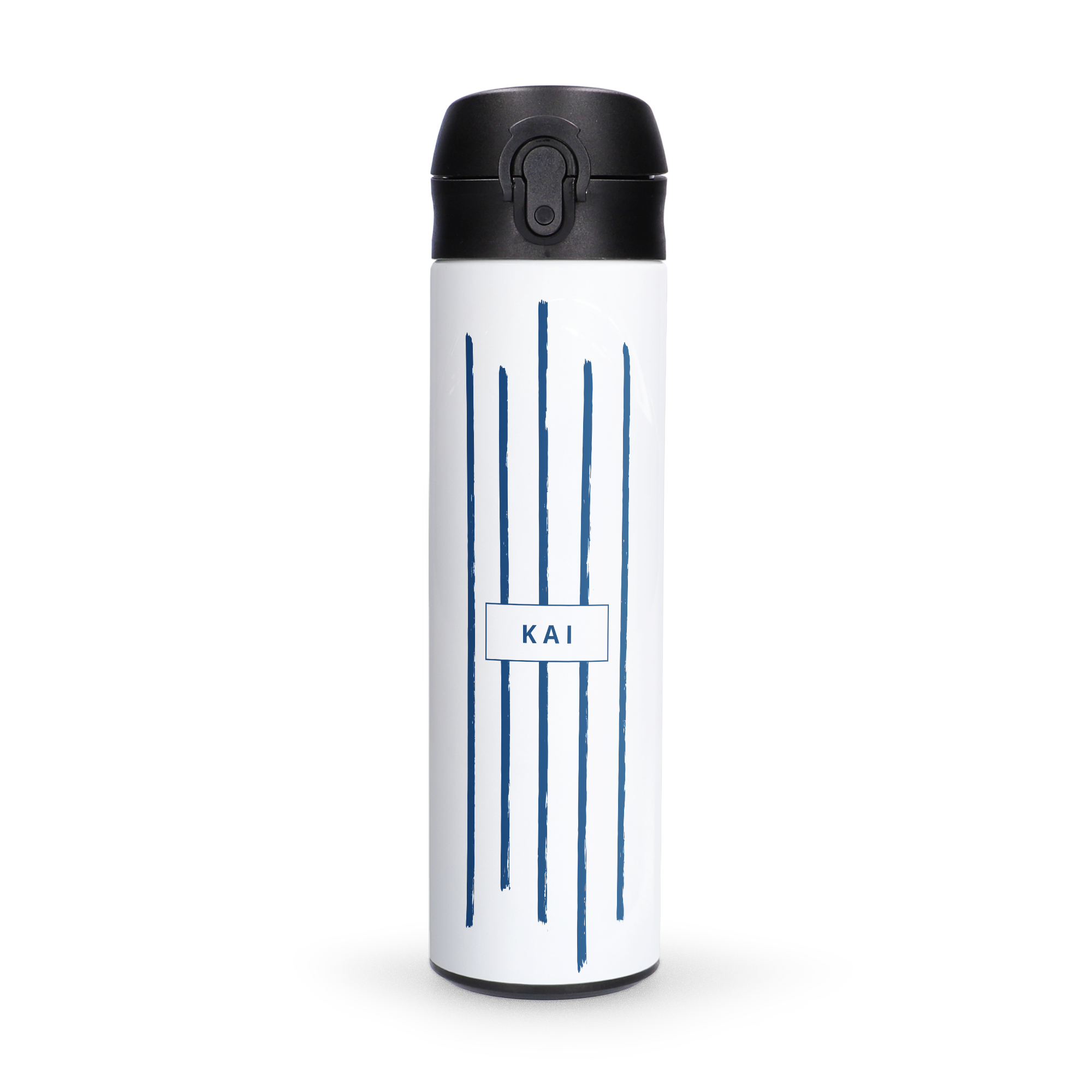 White personalized water bottle with a blue stripe design and the name Kai printed on the front