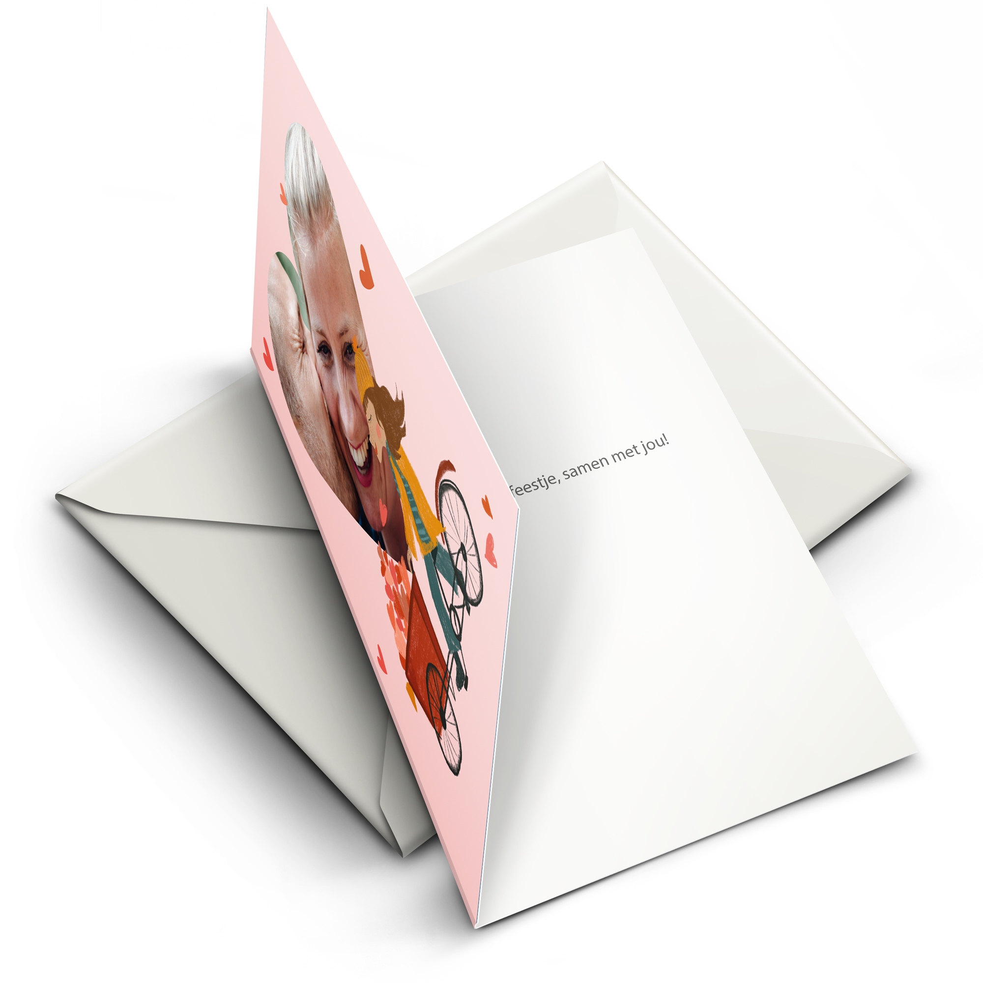 Open Valentijnskaart met foto en illustratie van meisje op fiets, gepersonaliseerd met tekst aan binnenzijde