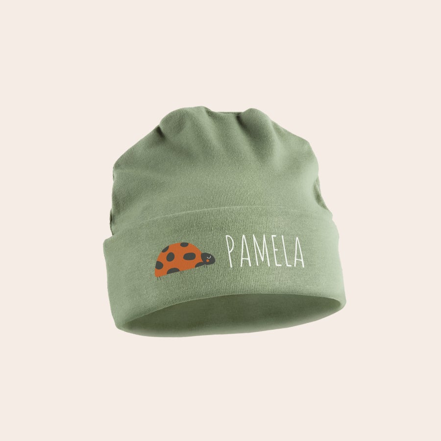 Bonnet naissance personnalisé Bonnet bébé vert personnalisé avec coccinelle et le nom Pamela imprimé