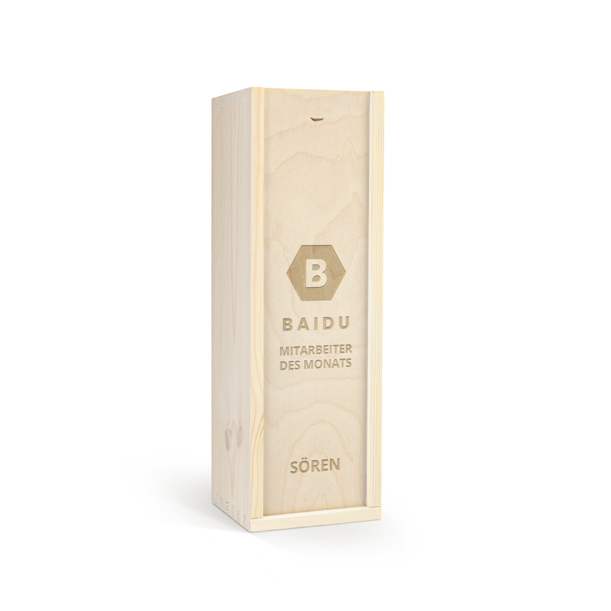 Luxuriöse Holzkiste mit Vintense Blanc, graviert mit dem Text "Baidu Mitarbeiter des Monats Sören". Das perfekte Weingeschenk.