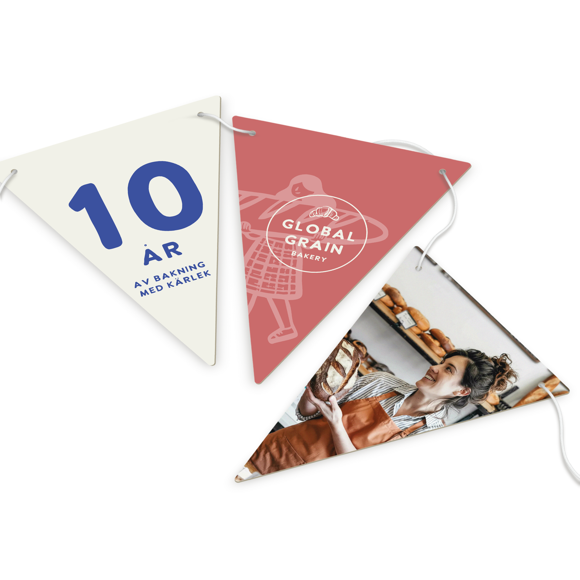 Personaliserad girlang Triangel L 10m med tryckt firande text logotyp och bild av bagare