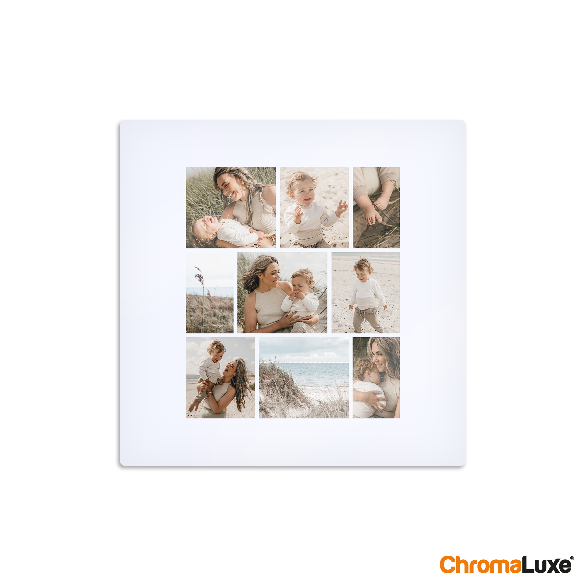 Instacollage en aluminium personnalisé avec plusieurs photos de moments en famille à la plage