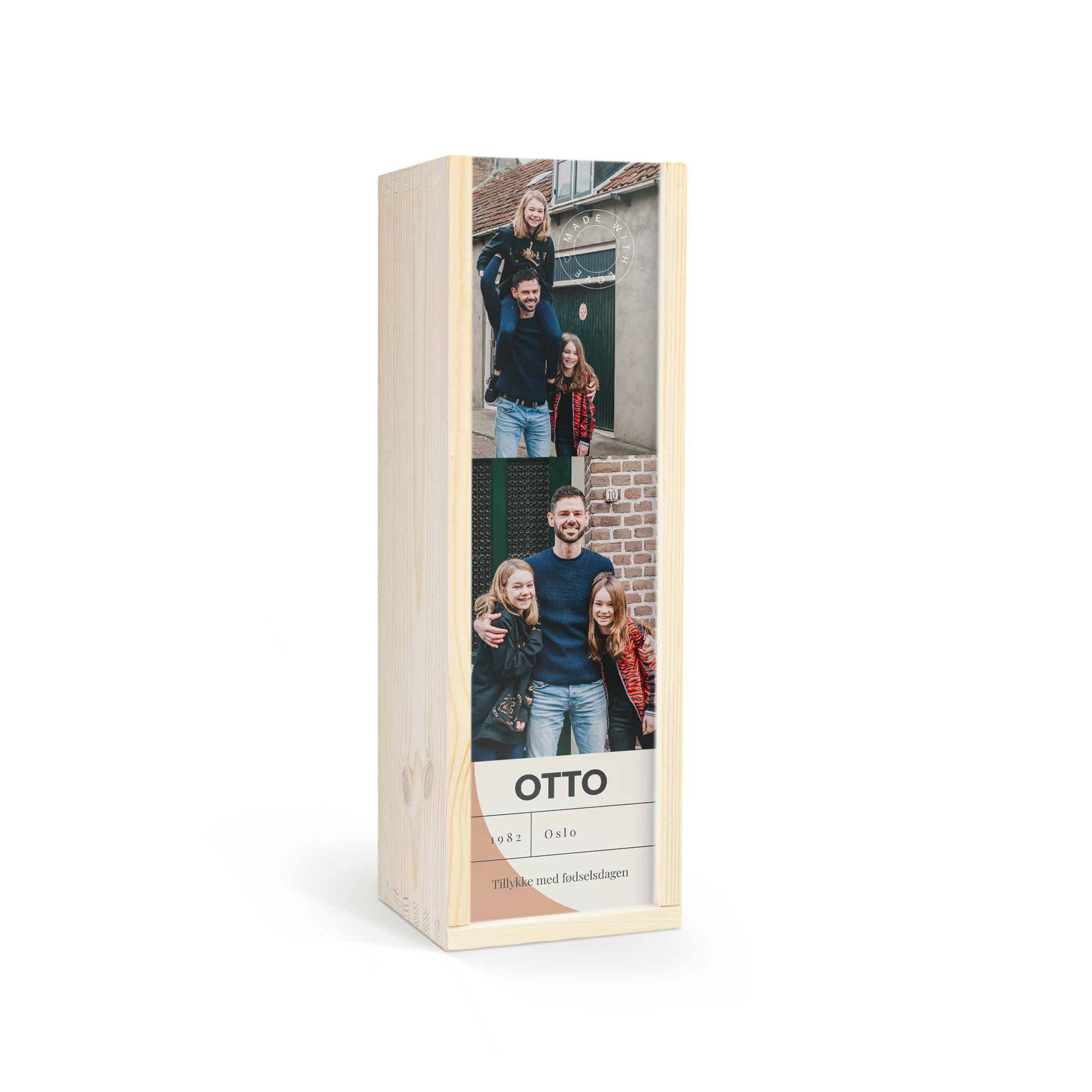 Trækasse med Famous Grouse whisky og et låg trykt med et personligt foto og teksten Otto