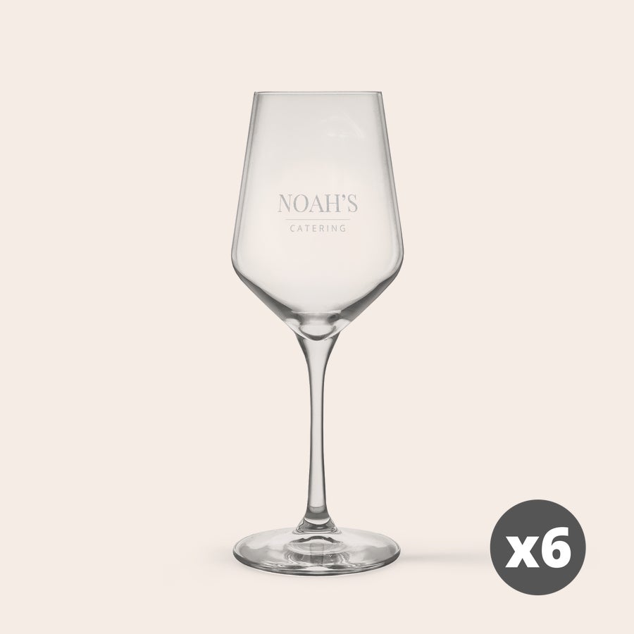 Copos de vinho branco Taças de vinho branco de cristal personalizadas com o texto "Noah's Catering" gravado a laser