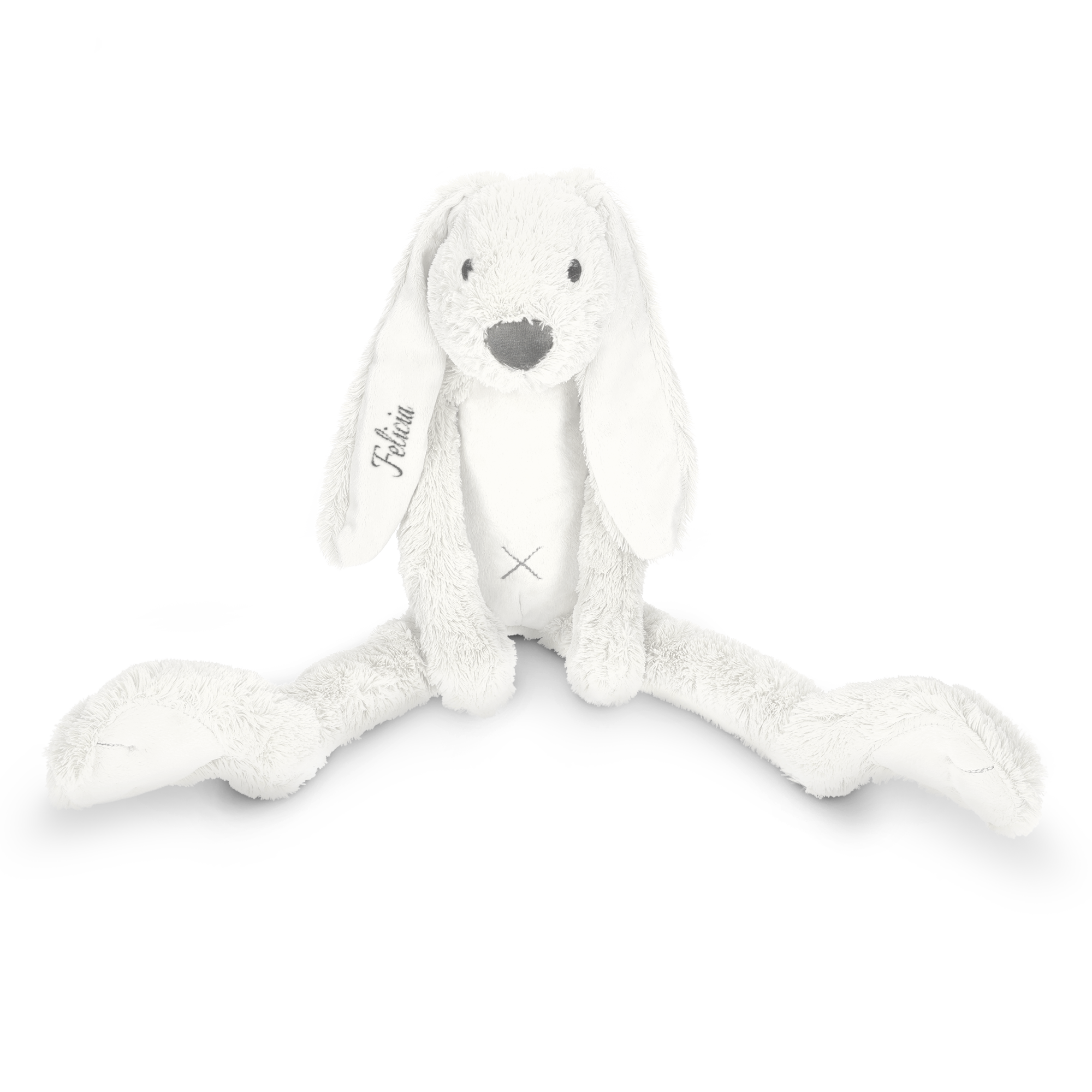 Vitt Rabbit Richie gosedjur med namnet Felicia broderat på örat, en mysig present att överraska den lilla i ditt liv.