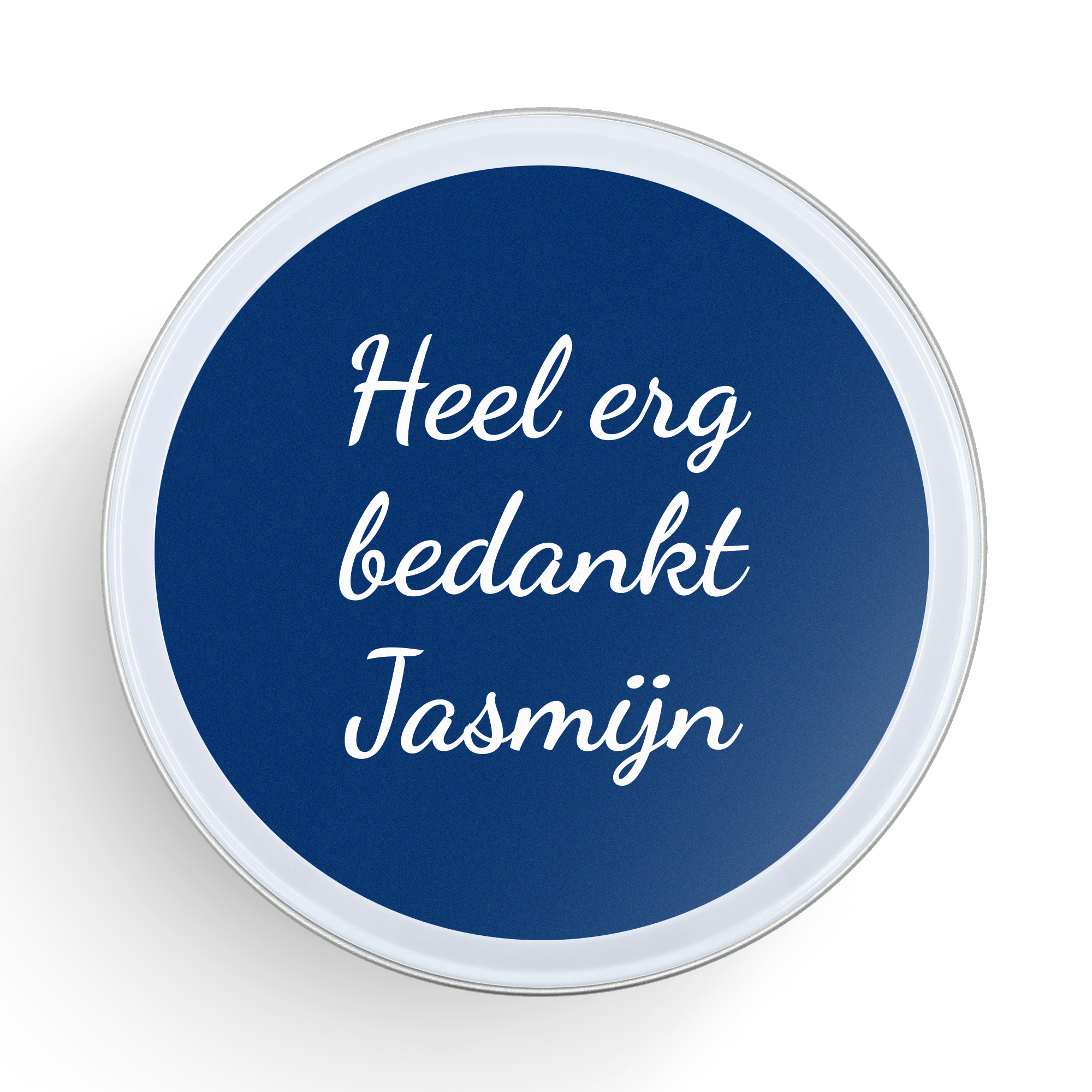 Stroopwafels in gepersonaliseerd rond blik met blauw deksel en de tekst Heel erg bedankt Jasmijn gedrukt in het wit.