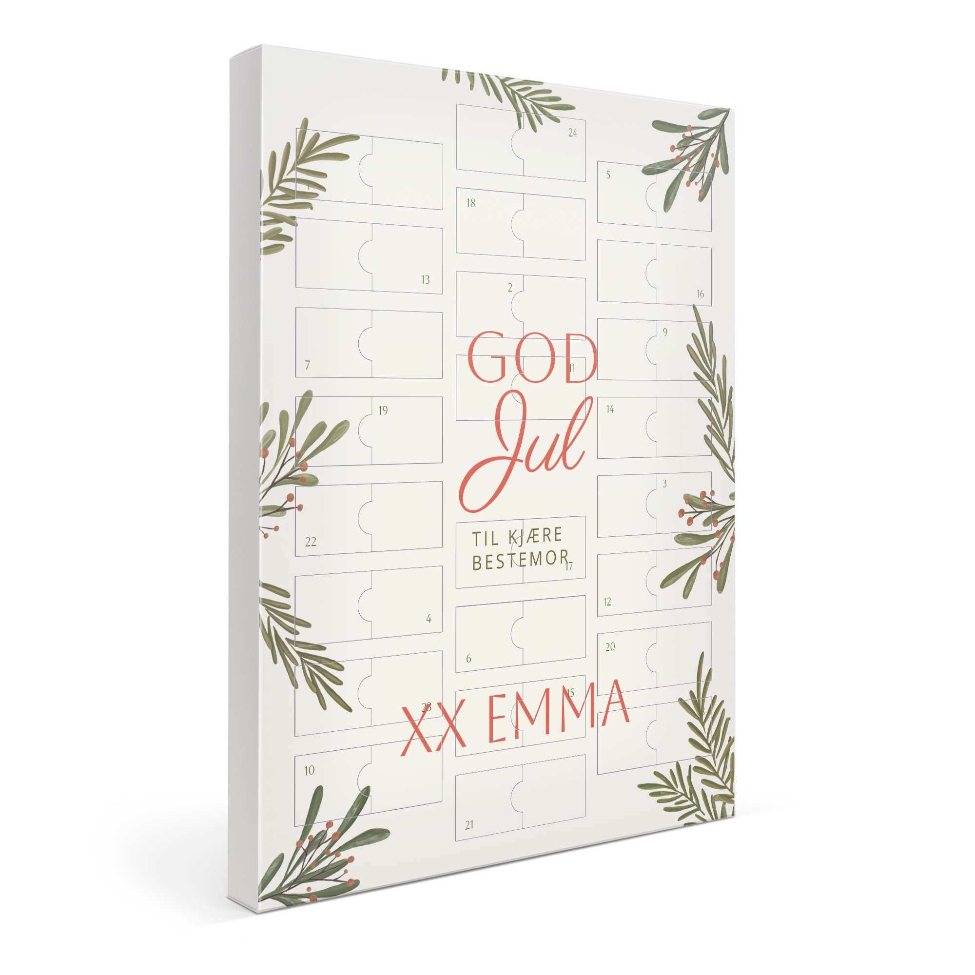 Personlig Mars-miniatyr-adventskalender med "God Jul" og "Til kjære Bestemor" trykt på.