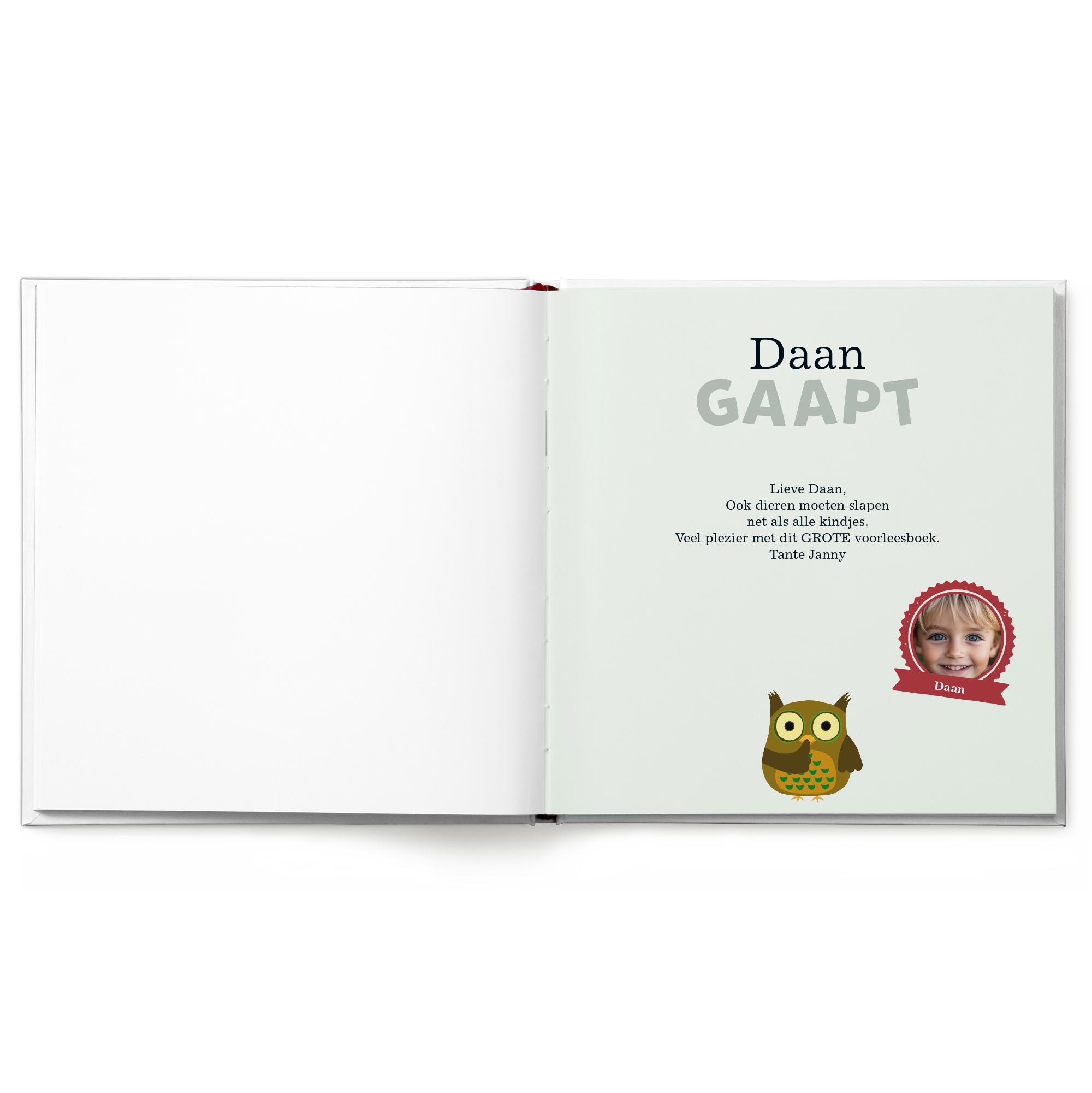 Gepersonaliseerd boek Iedereen gaapt - XXL met naam Daan, eigen foto en leuke uilafbeelding om te personaliseren