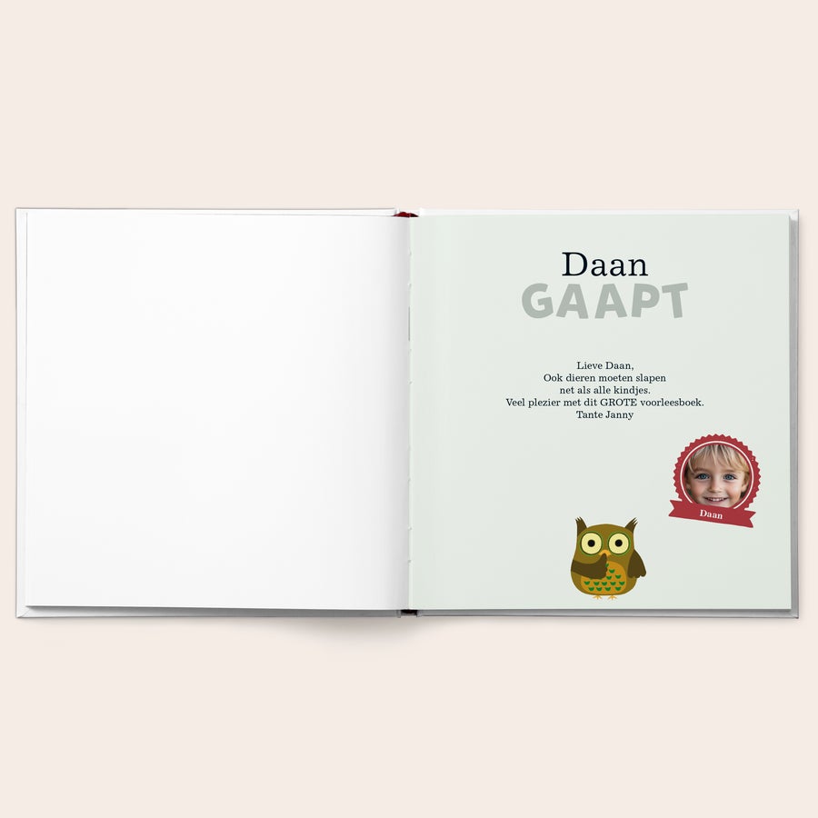 Boek "Iedereen gaapt - XXL " personaliseren Gepersonaliseerd boek Iedereen gaapt - XXL met naam Daan, eigen foto en leuke uilafbeelding om te personaliseren