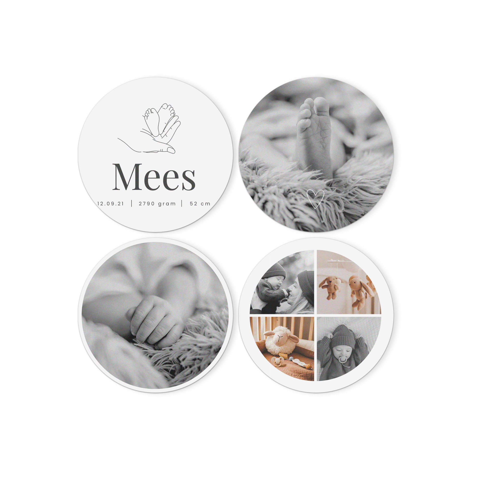 Vier ronde forex fototegels met babypoto's, de naam Mees en geboortegegevens geprint.
