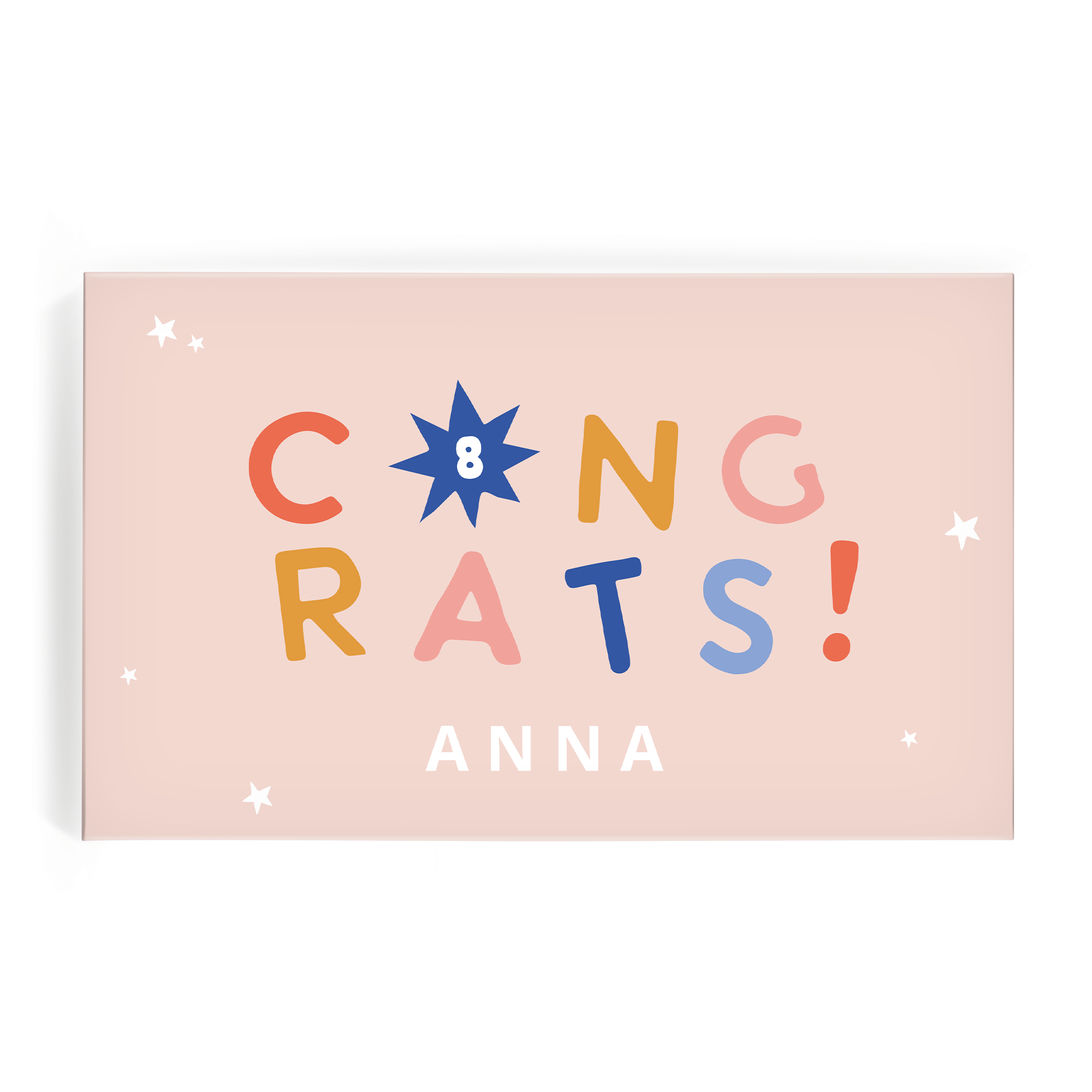 Twix Bar Giftbox met naam en foto bedrukt met "CONGRATS! ANNA" en nummer 8, met sterren.