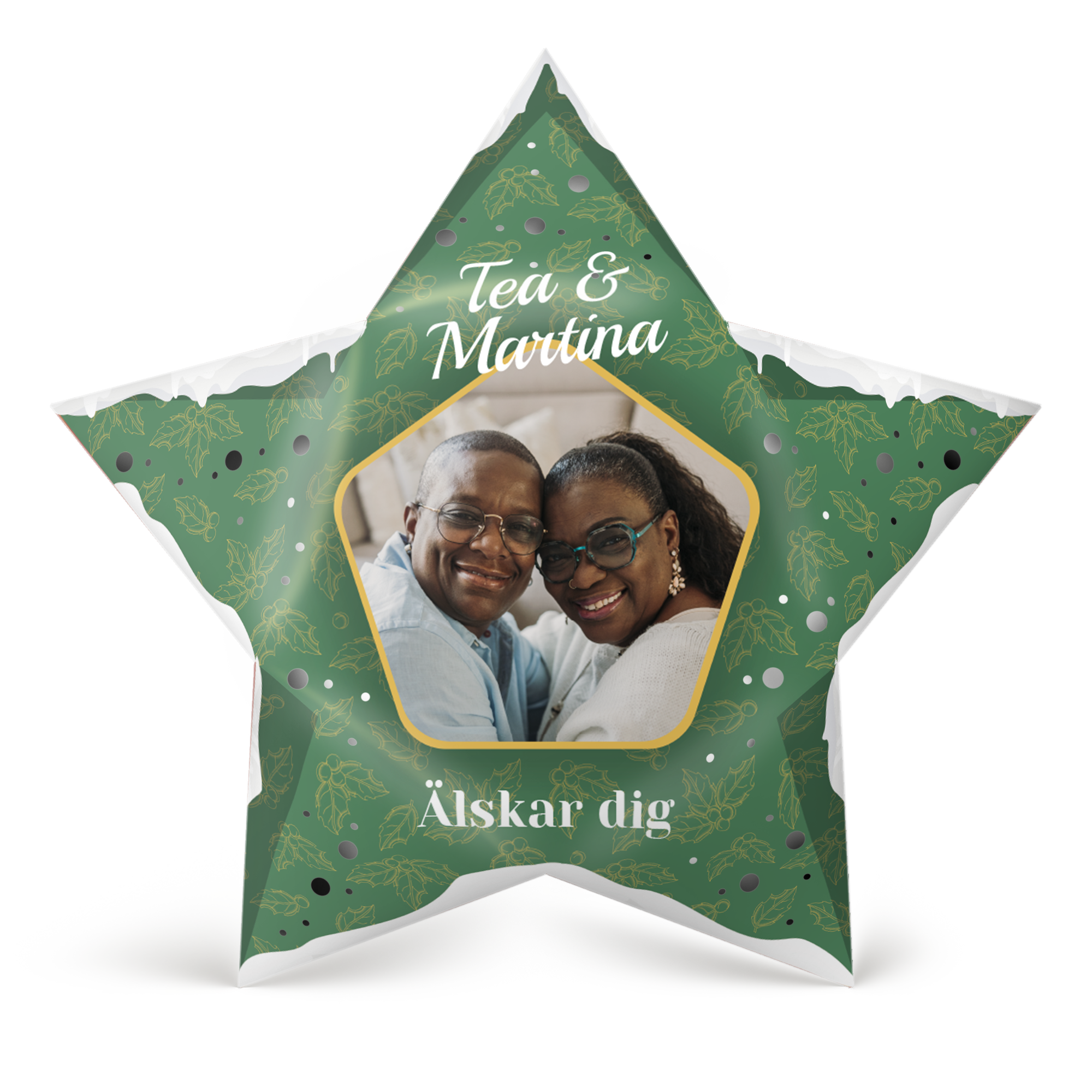 Grön DIY-pappersjulstjärna med ett foto av Tea och Martina och texten "Älskar dig" för att lysa upp semestern med en personlig touch.