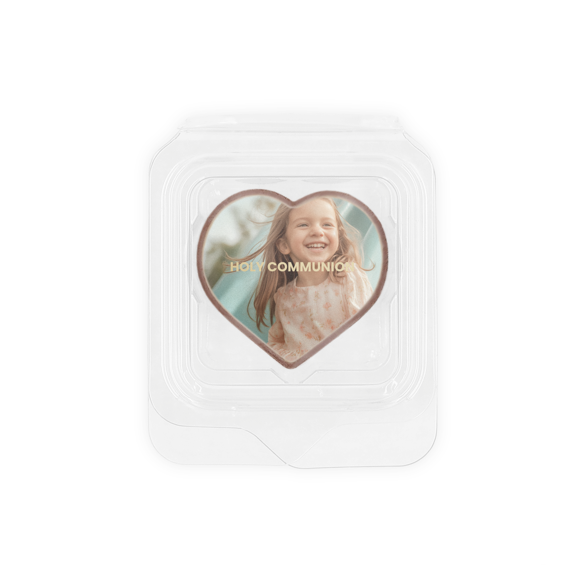 Individually wrapped heart-shaped chocolate favour printed with a girl's photo and Holy Communion text