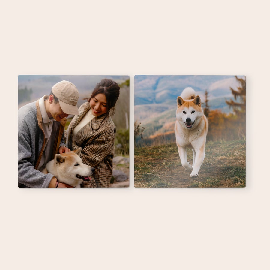 Personalised wall art panels Two wooden wall art panels, one printed with a couple petting a dog and the other with a dog running