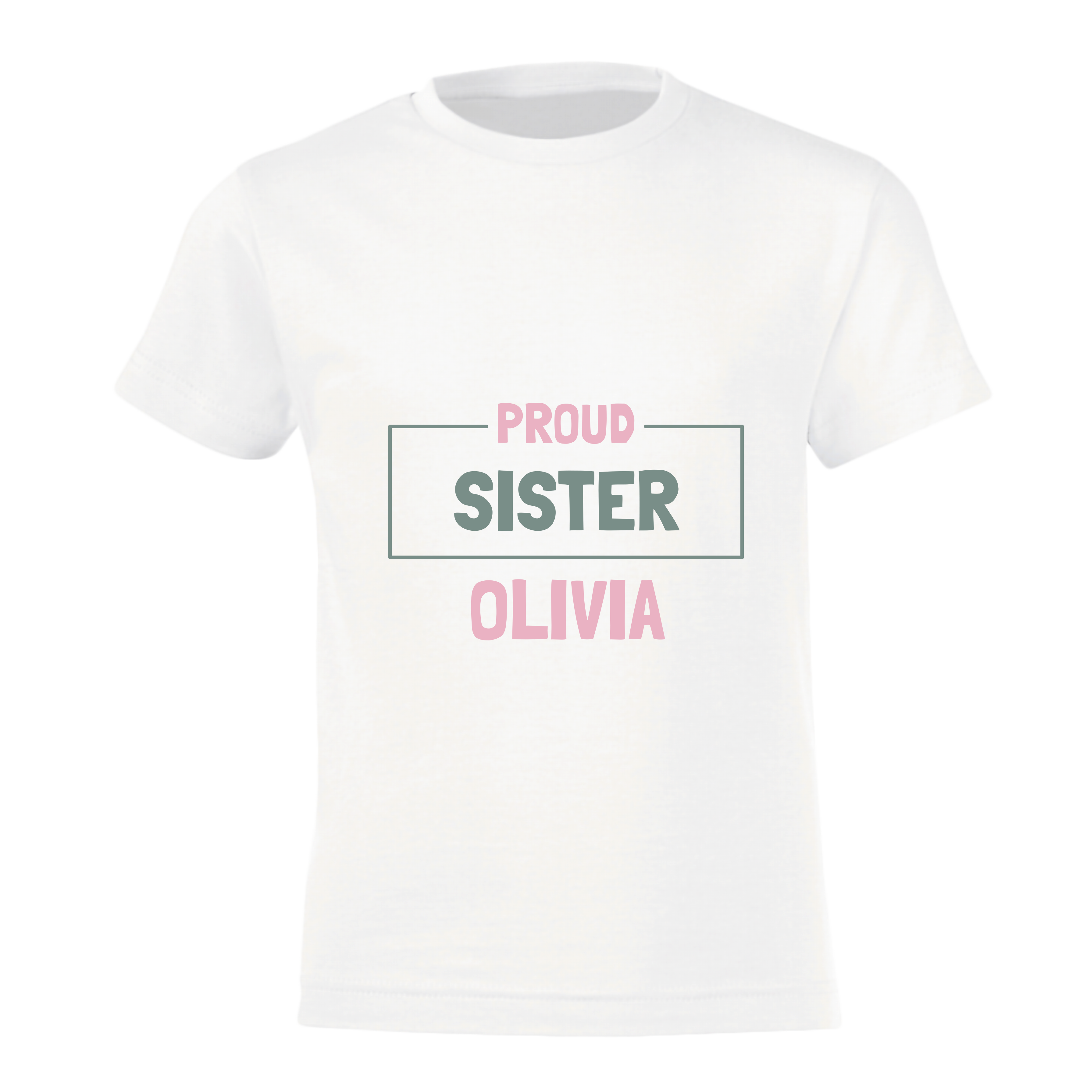 Tricou personalizat alb cu textul imprimat "Proud Sister Olivia" pentru anunțul celei de-a doua sarcini.