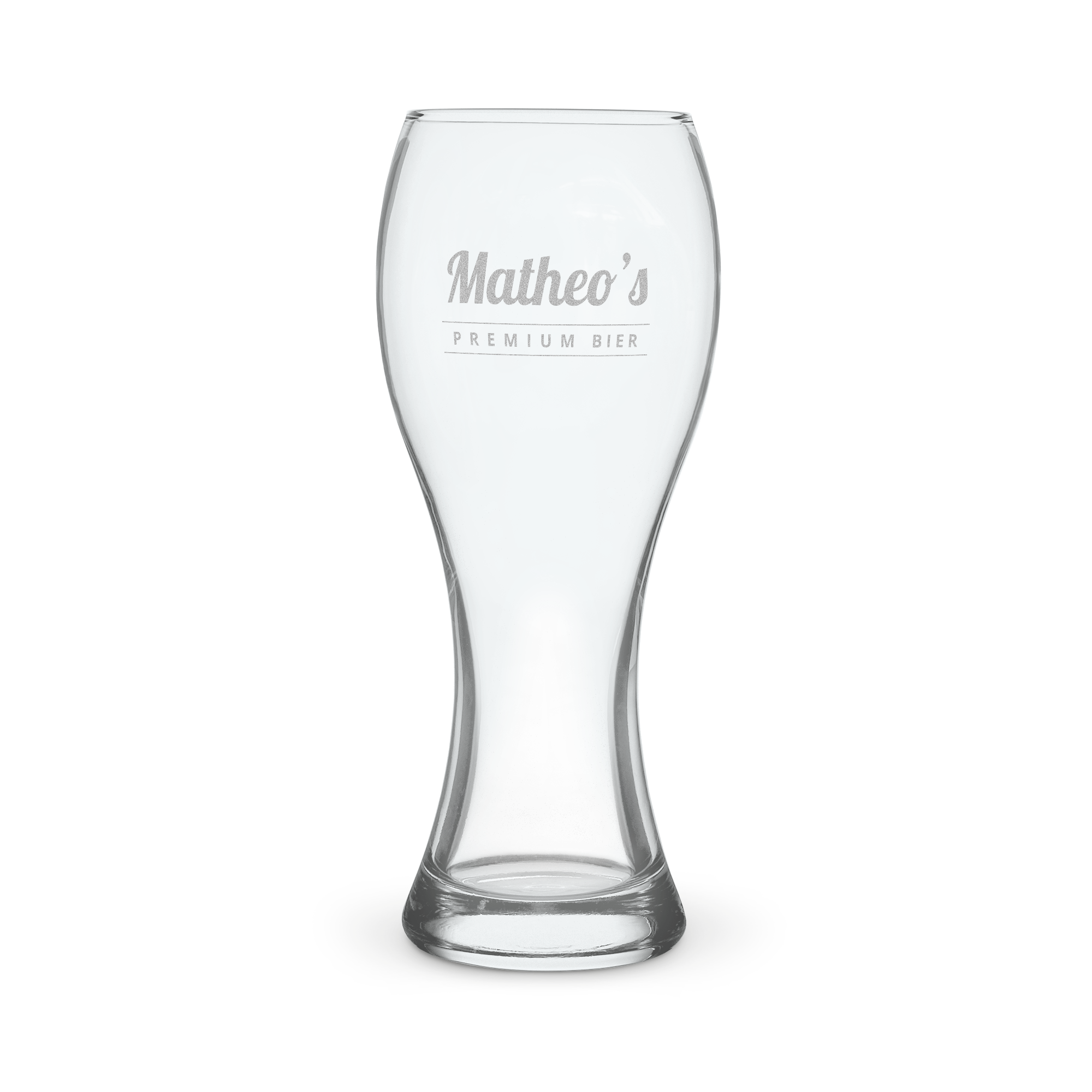 Bierglas met gegraveerde tekst "Matheo's Premium Bier", ideaal om jouw favoriete biertje in te schenken.