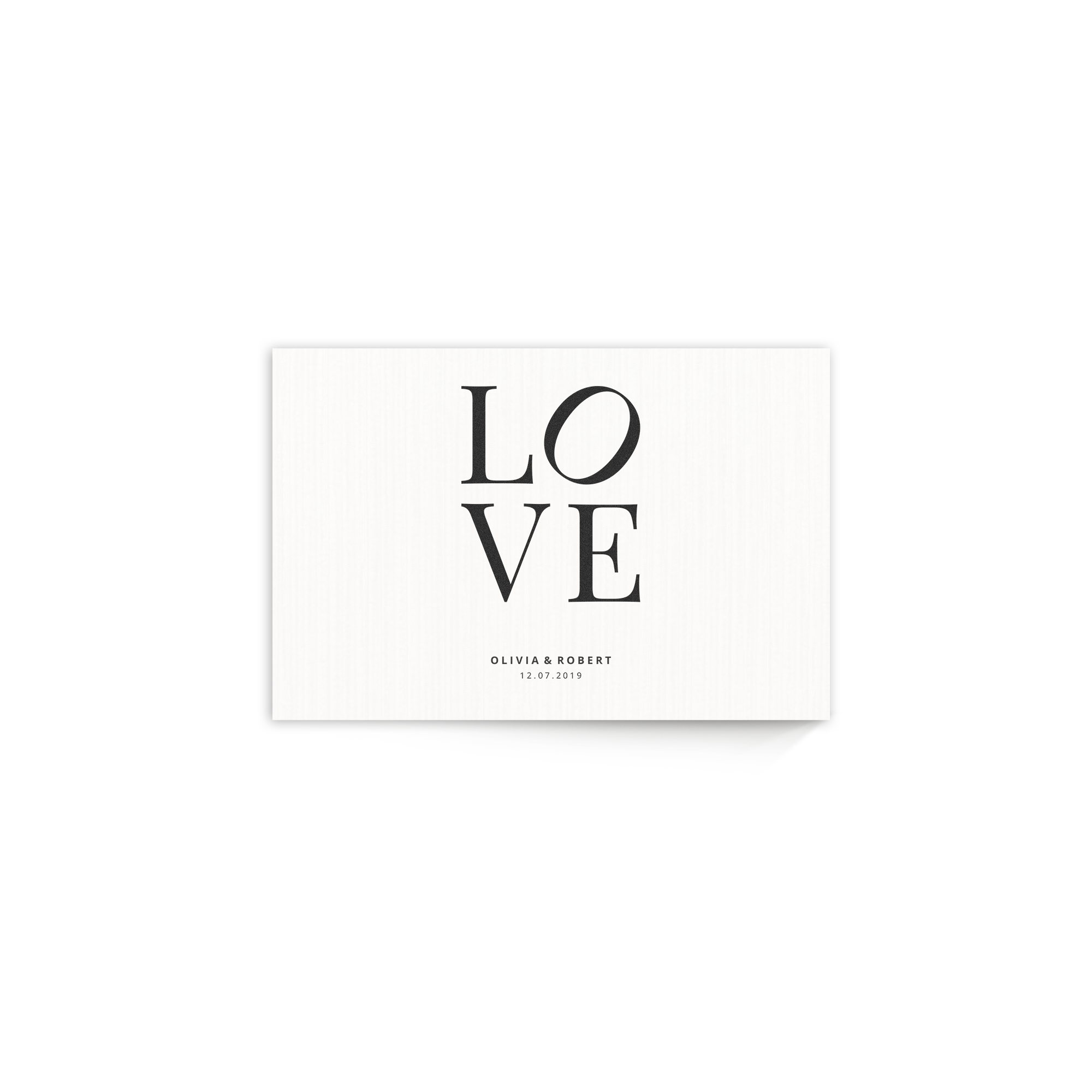 Personalized wood print with the word LOVE and names Olivia & Robert and date 12.07.2019 printed onto wood