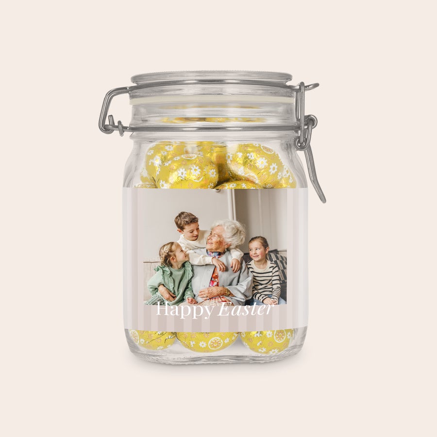 Czekoladowe jajeczka w personalizowanym słoju 1l Czekoladowe jajeczka w personalizowanym słoju 1l