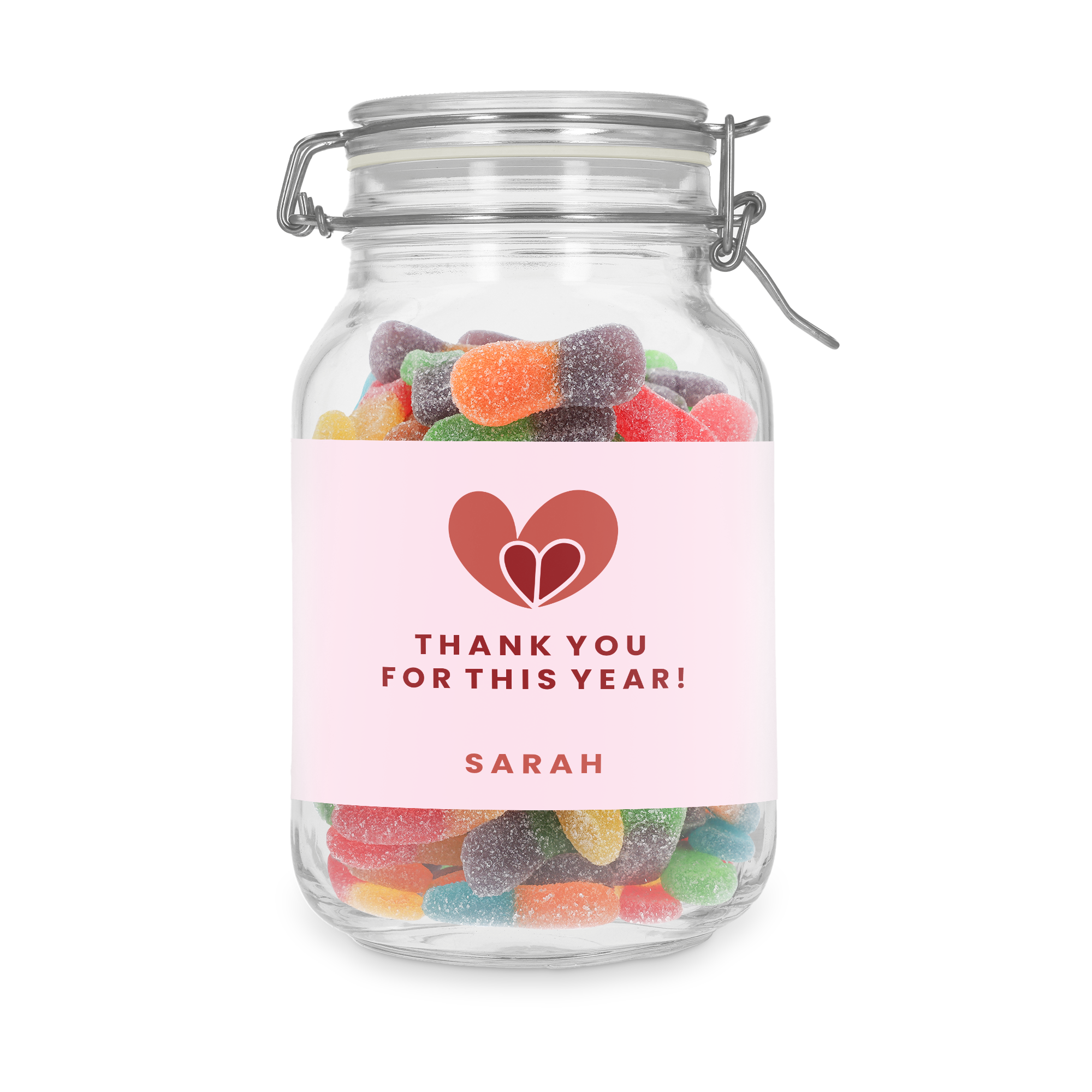 Pote de Doce Personalizado com Palitos Azedos, impresso com um coração, a mensagem "THANK YOU FOR THIS YEAR!" e o nome SARAH.