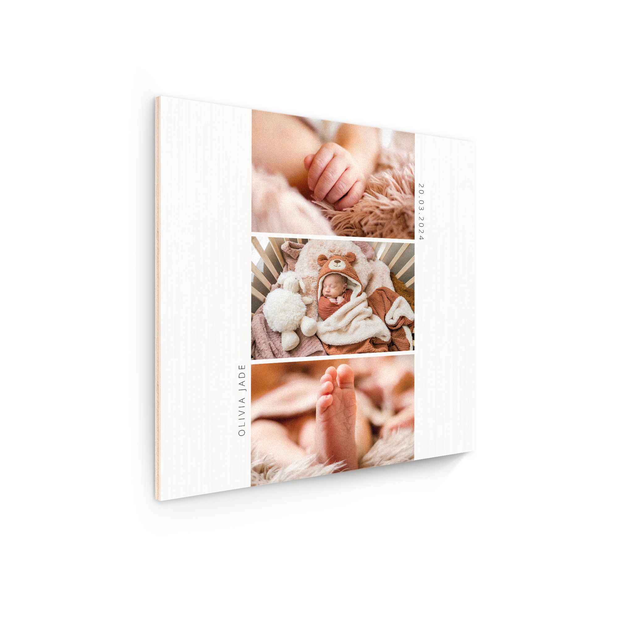 Custom photo on wood with three baby pictures, Olivia Jade and a birth date.