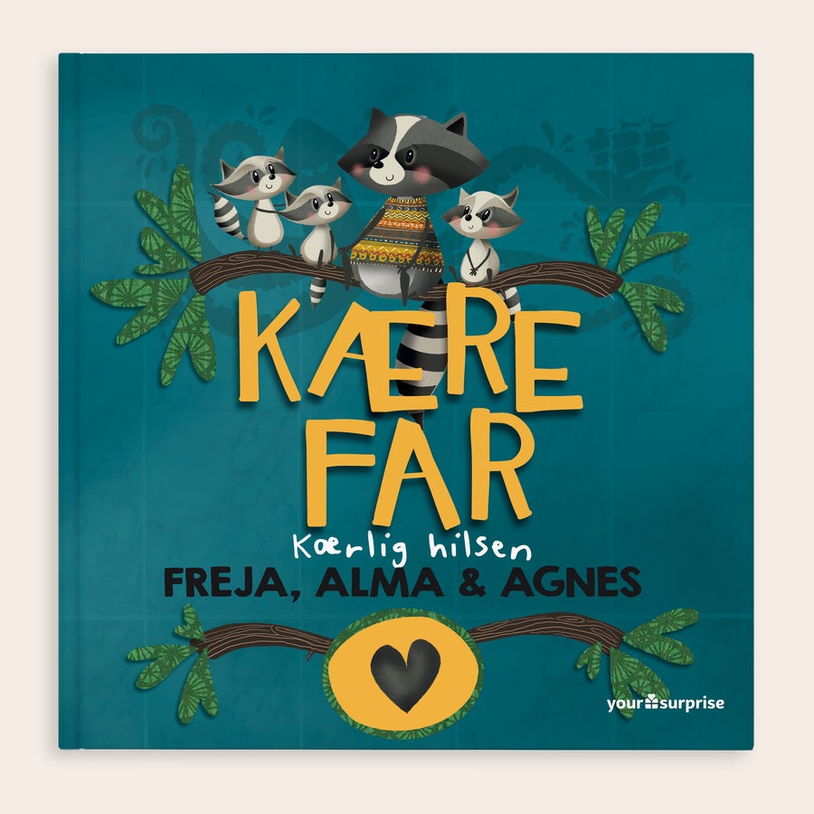 Kære Far - Personlig bog med eget navn Personlig bog Kære Far med vaskebjørnefamilie, tilpasset med navnene Freja, Alma & Agnes. Denne flotte bog er den perfekte måde at vise din far på, hvor meget han betyder for dig.