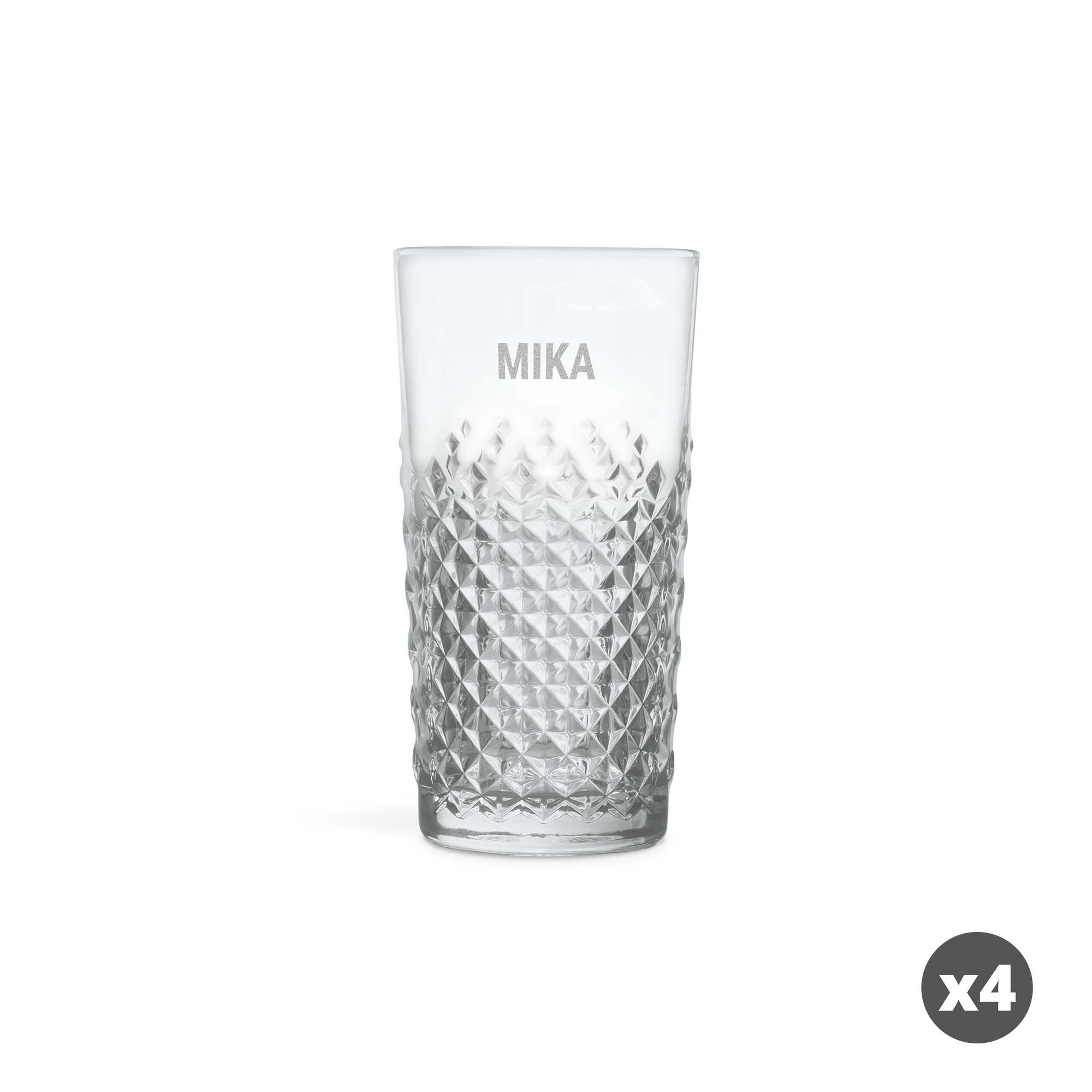 Personalisiertes Cocktailglas mit rautenförmigem Muster, lasergraviert mit dem Namen Mika, perfekt für Mojitos.