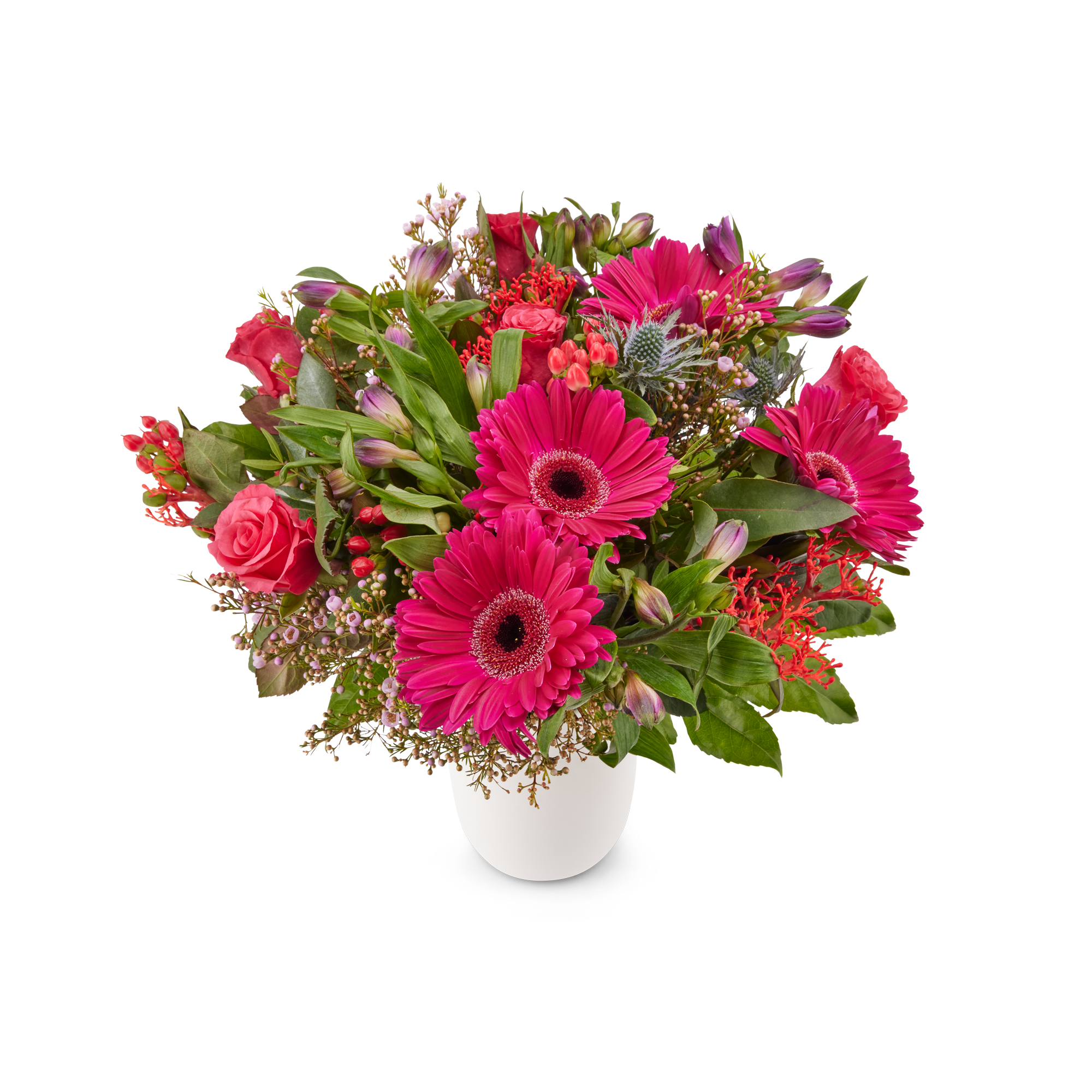 Wunderschöner lila Blumenstrauß mit persönlichen Grüßen auf kostenloser Geschenkkarte